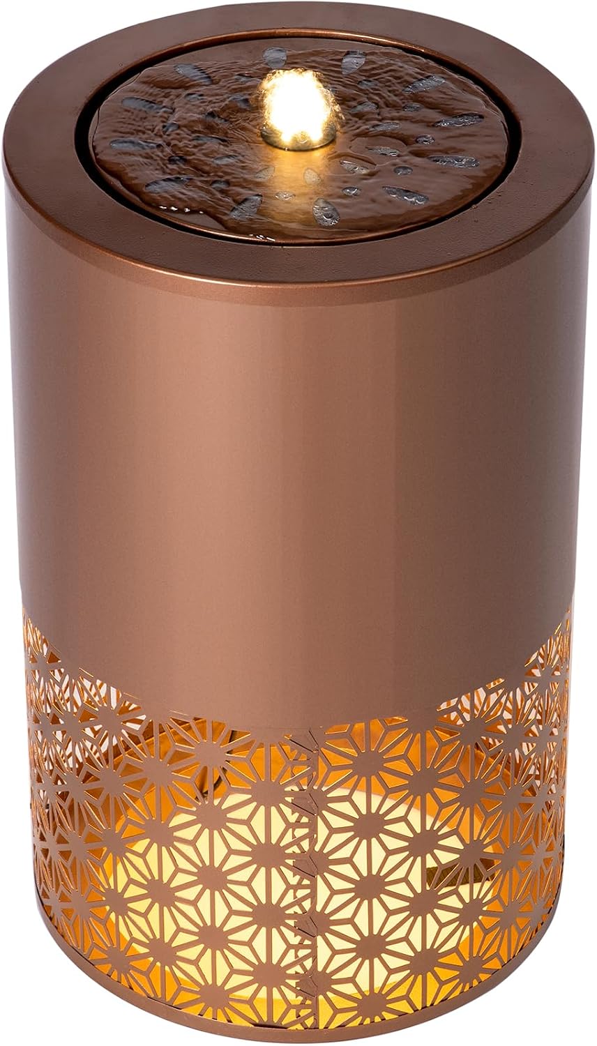 Merax 20.87' H Brown Metal Cutout Outdoor Water Fountain with LED Lights, Modern Freestanding Candle Style Water Feature for Patio Backyard Decor