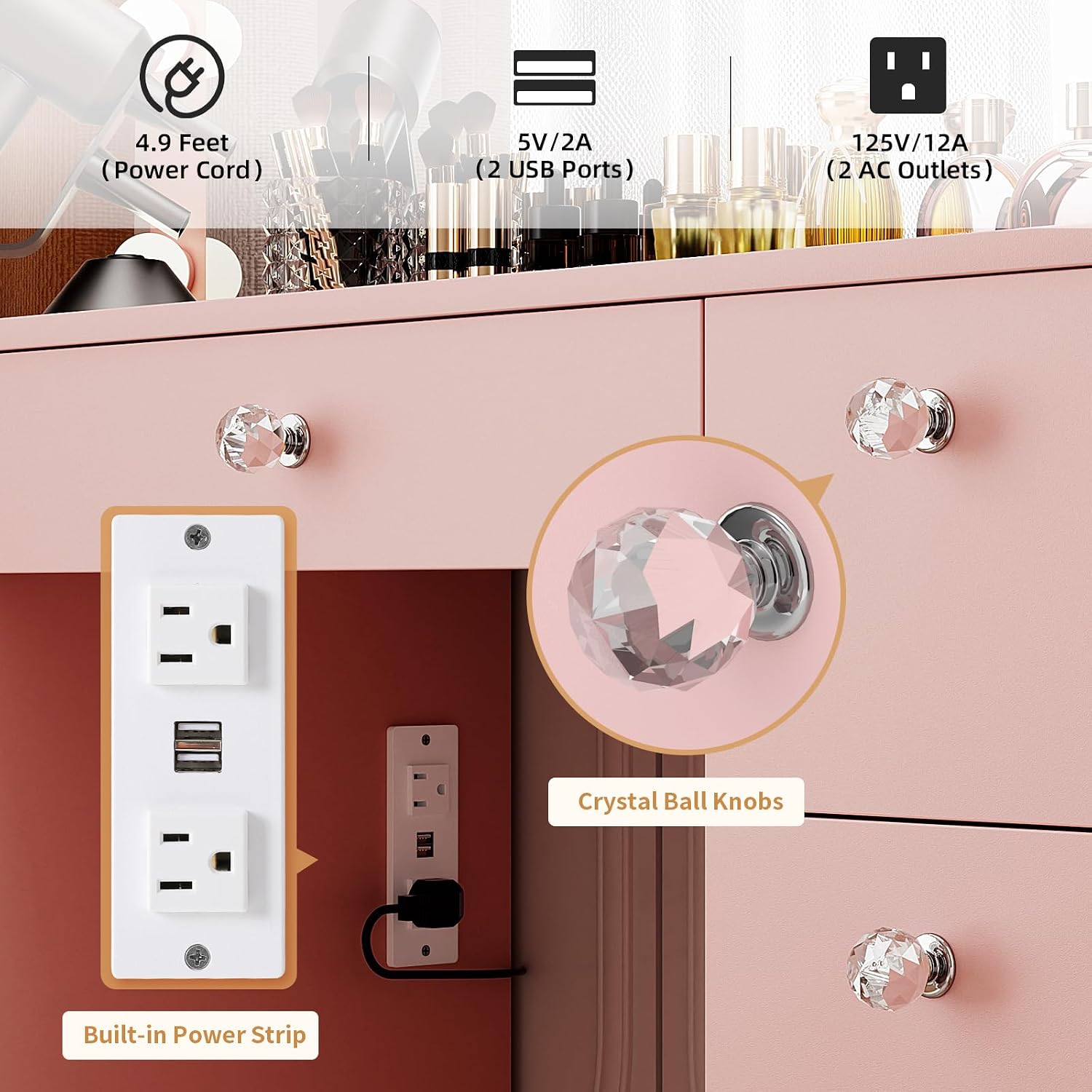 VOWNER Vanity with Lighted Mirror - Makeup Vanity Desk with Glass Top, 7 Drawers and Power Outlet, 3 Color Lighting Modes Adjustable Brightness, 44' Vanity Table with Stool for Women Girls, Pink