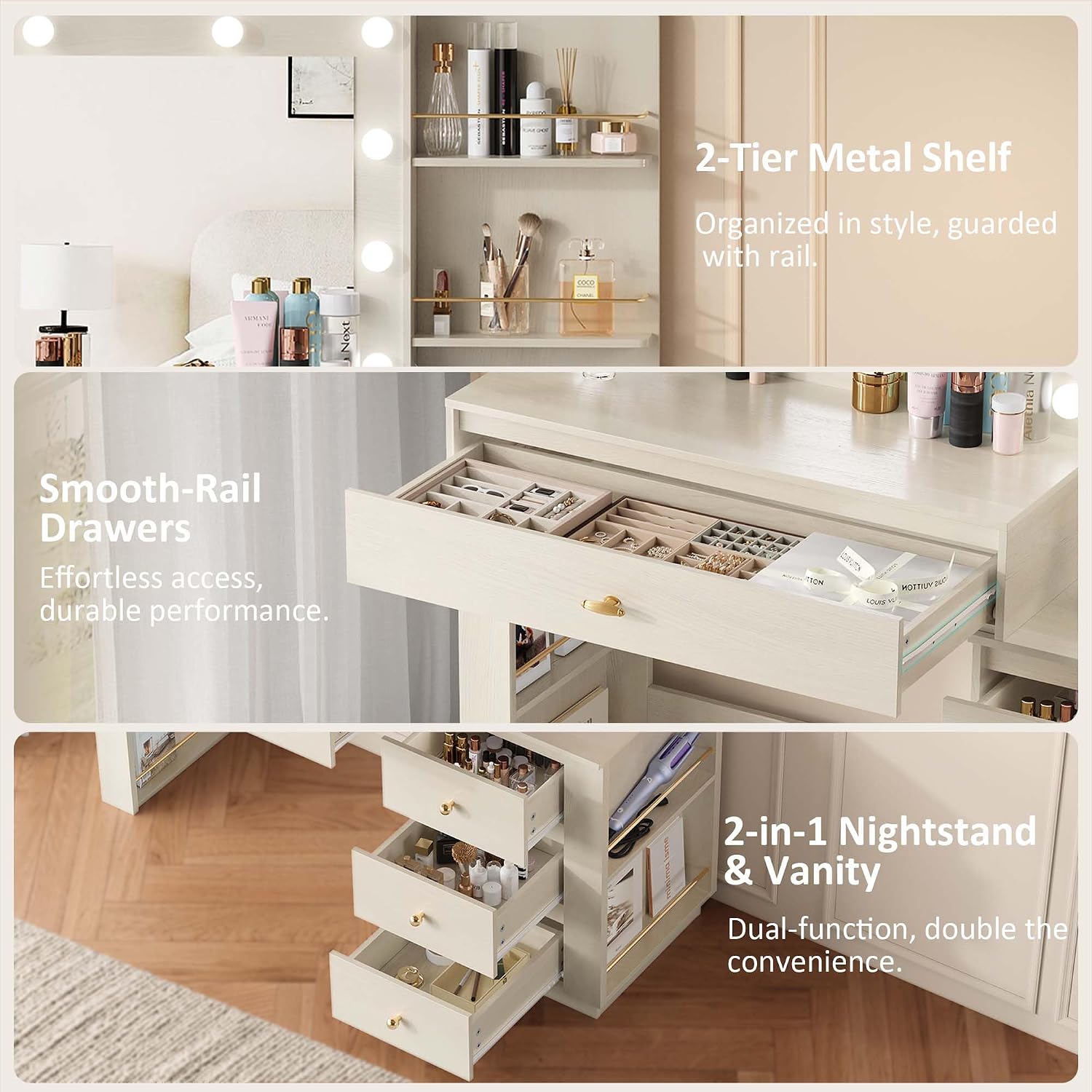 Makeup Vanity Desk with Mirror and 3 Colors Lights, Vanity Table with 10 LED Bulbs & Power Outlet, Large Dressing Table with 4 Drawers, 6 Storage Shelves for Bedroom, Women and Girls, White