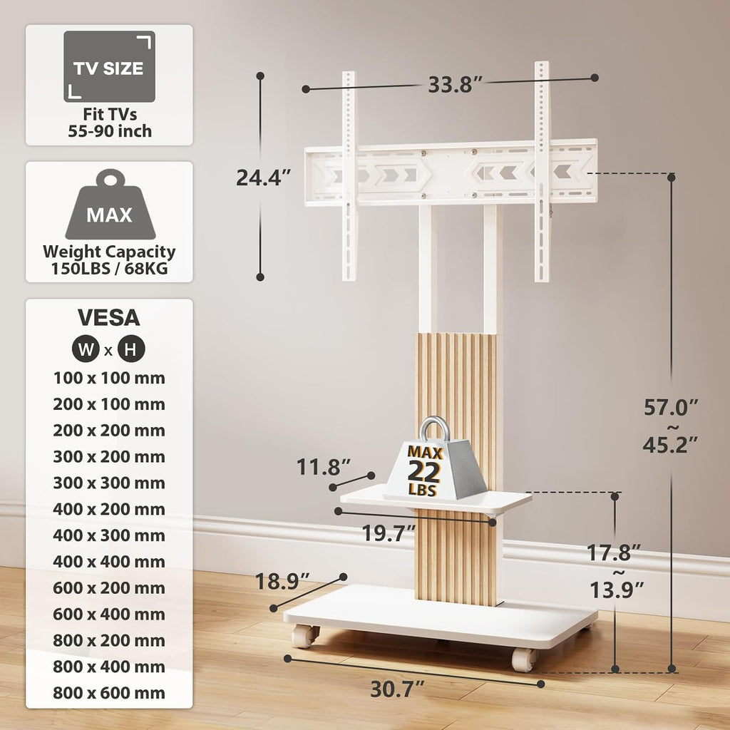 TVON Heavy Duty Rolling TV Stand for 55-90 inch Large TVs up to 150 lbs, Mobile TV Cart with Height Adjustable Mount and Large Storage Shelf, Tall TV Stand with Wooden Base, White and Oak