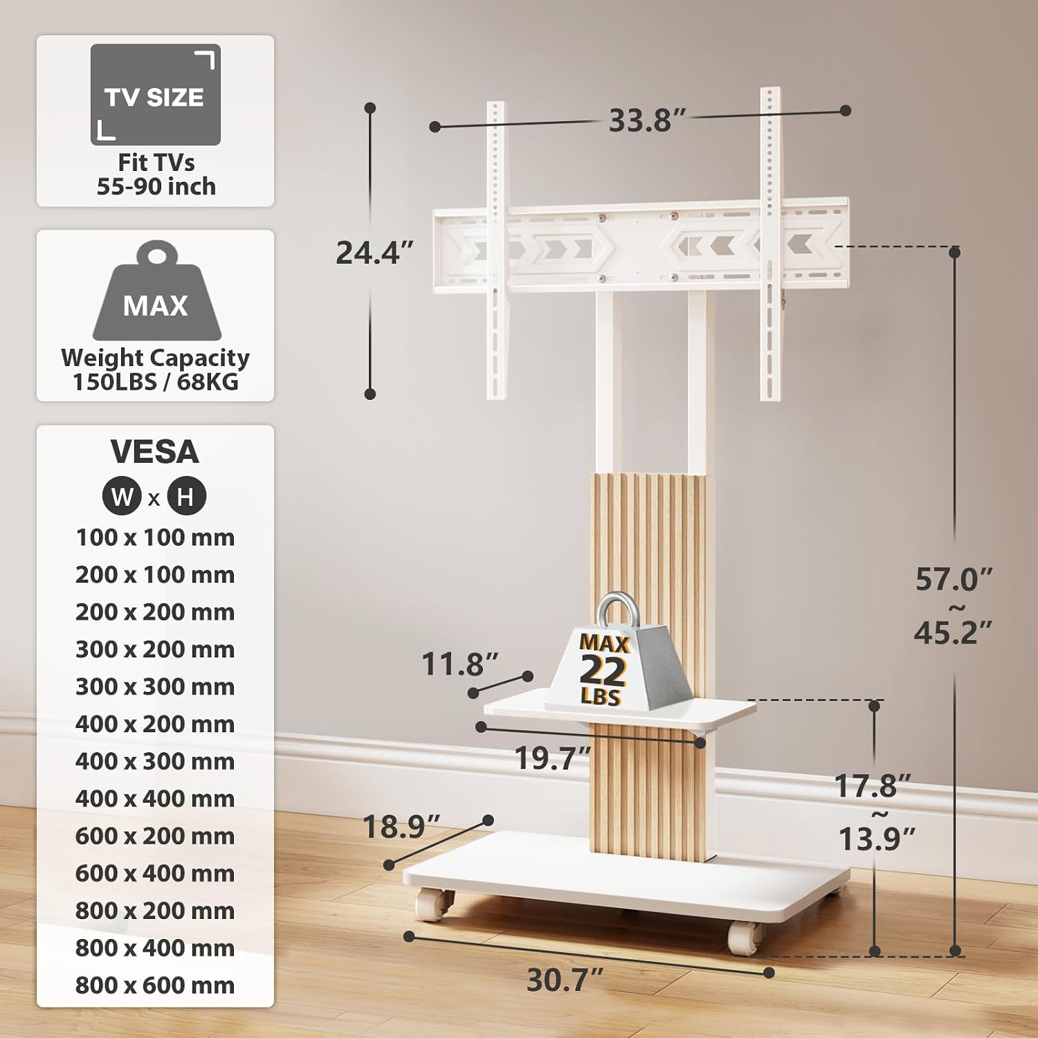TVON Heavy Duty Rolling TV Stand for 55-90 inch Large TVs up to 150 lbs, Mobile TV Cart with Height Adjustable Mount and Large Storage Shelf, Tall TV Stand with Wooden Base, White and Oak