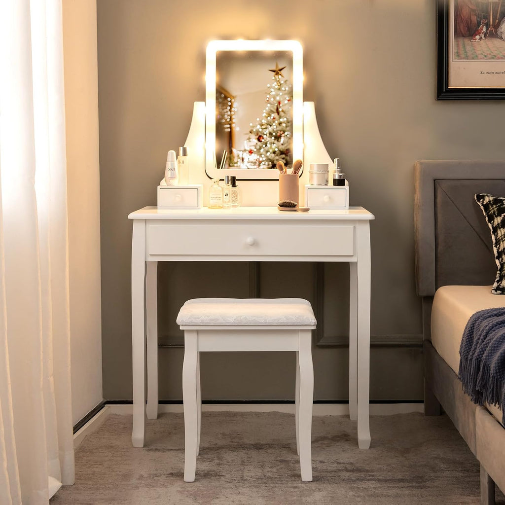 CHARMAID Makeup Vanity Desk with Lighted Mirror, 3 Color Lighting Modes, Adjustable Brightness, 3 Drawers, Removable Dividers, Bedroom Dressing Table Vanity Set with Stool for Girls Gift (White)