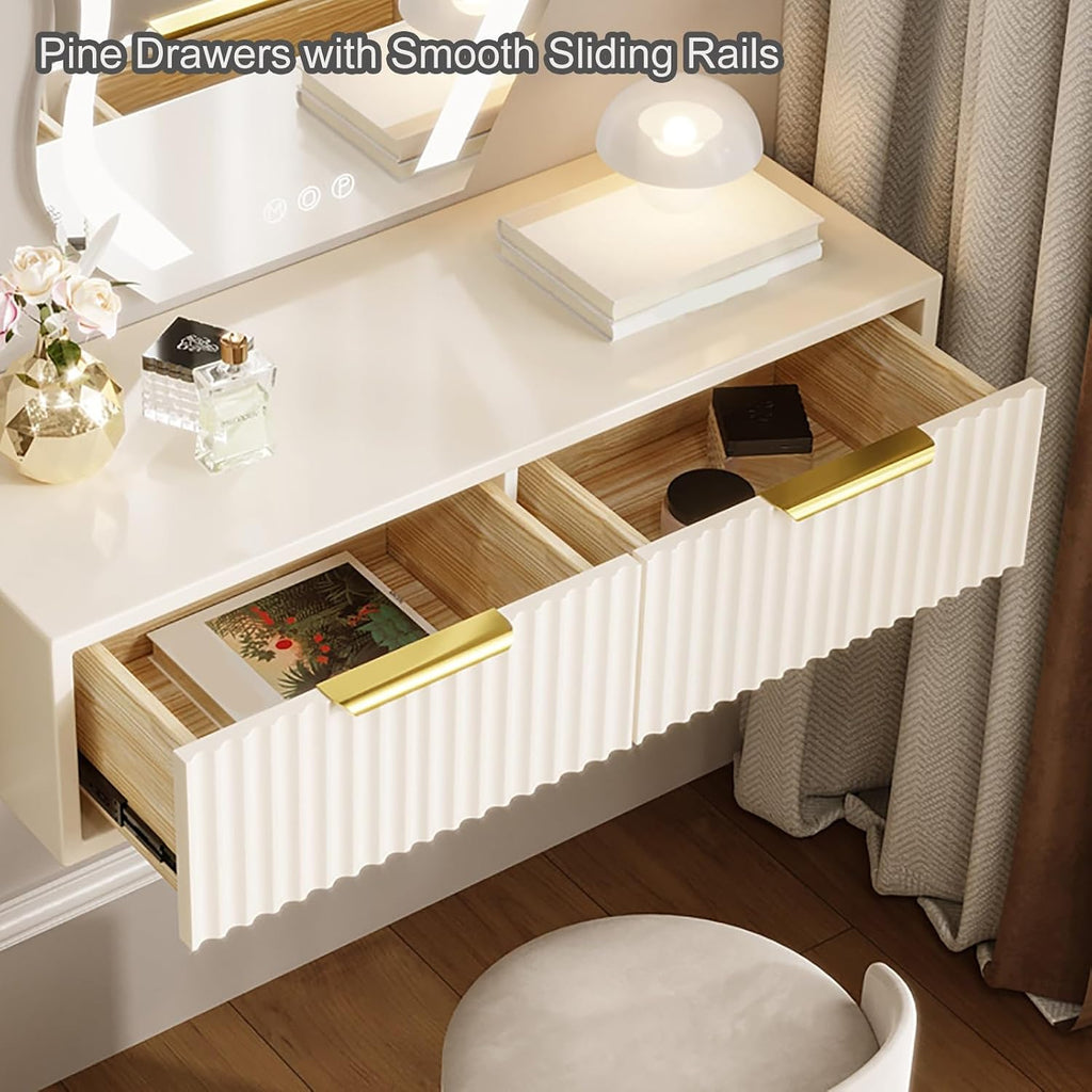 Floating Vanity Makeup Table with 2 Drawers, Solid Wood Wall-Mounted Corner Desk, Bedside Nightstand for Bedroom, Space-Saving Makeup Station