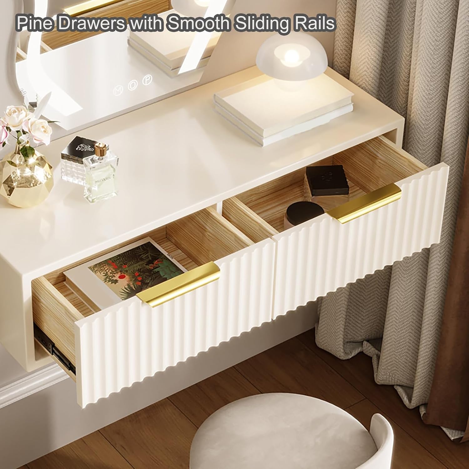 Floating Vanity Makeup Table with 2 Drawers, Solid Wood Wall-Mounted Corner Desk, Bedside Nightstand for Bedroom, Space-Saving Makeup Station