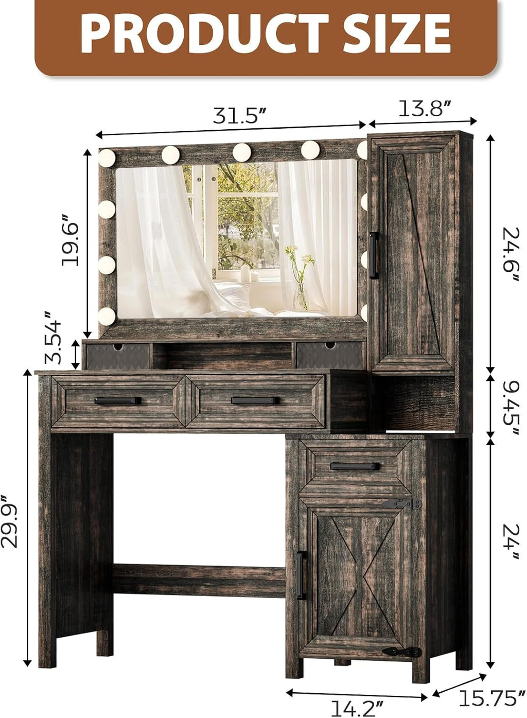 Topcomfy Farmhouse Vanity Desk with 3 Adjustable Light Colors & Power Outlet, Makeup Vanity Table with Sliding Jewelry Cabinet, Built-in Lipstick Organizer, 3 Drawers & Shelves for the Bedroom, Brown