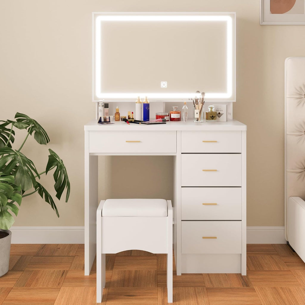 Vanity Desk with Mirror and Lights, 31.5' Makeup Vanity with Sliding Mirror and 3 Light Modes, Modern Vanity Table with 5 Drawers, Hidden and Open Storage Shelves, Makeup Desk for Bedroom, White