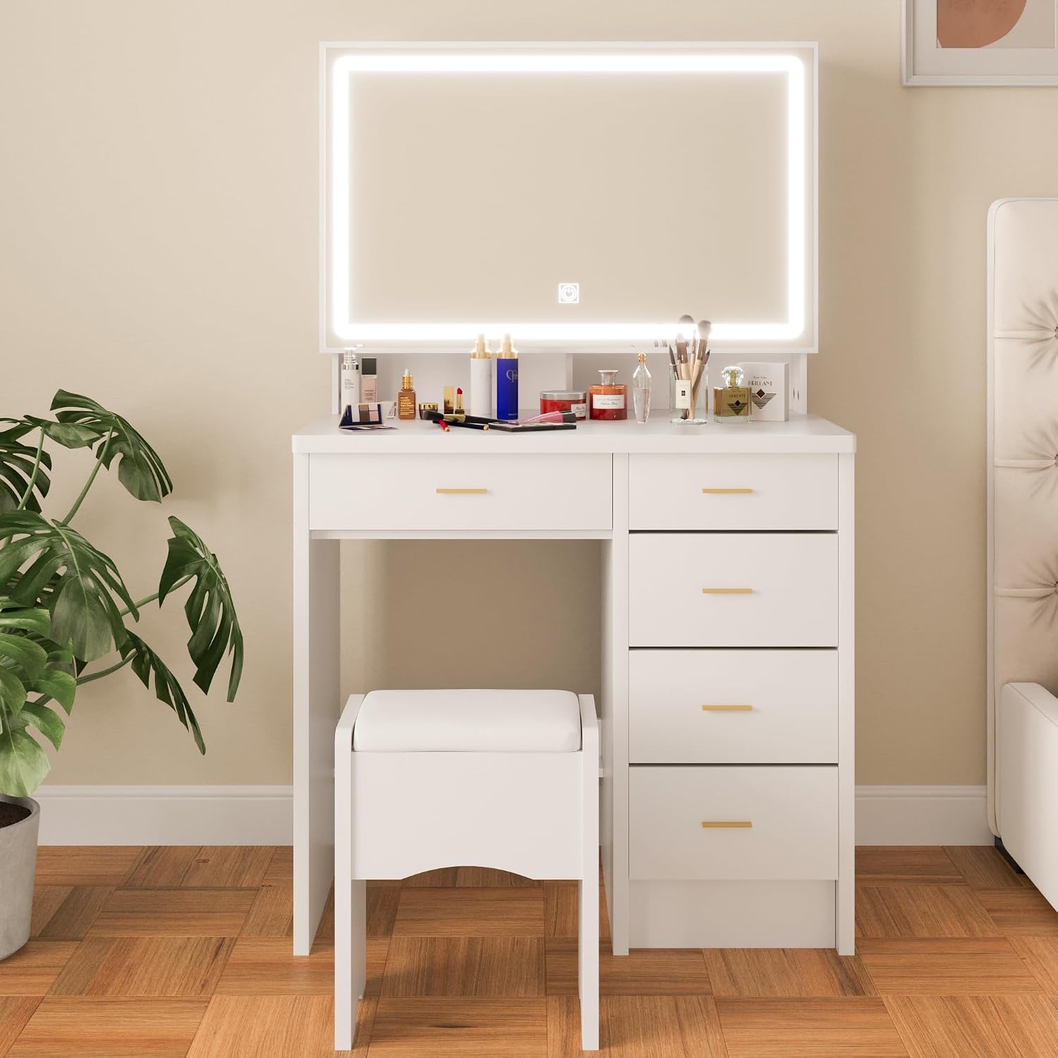 Vanity Desk with Mirror and Lights, 31.5' Makeup Vanity with Sliding Mirror and 3 Light Modes, Modern Vanity Table with 5 Drawers, Hidden and Open Storage Shelves, Makeup Desk for Bedroom, White