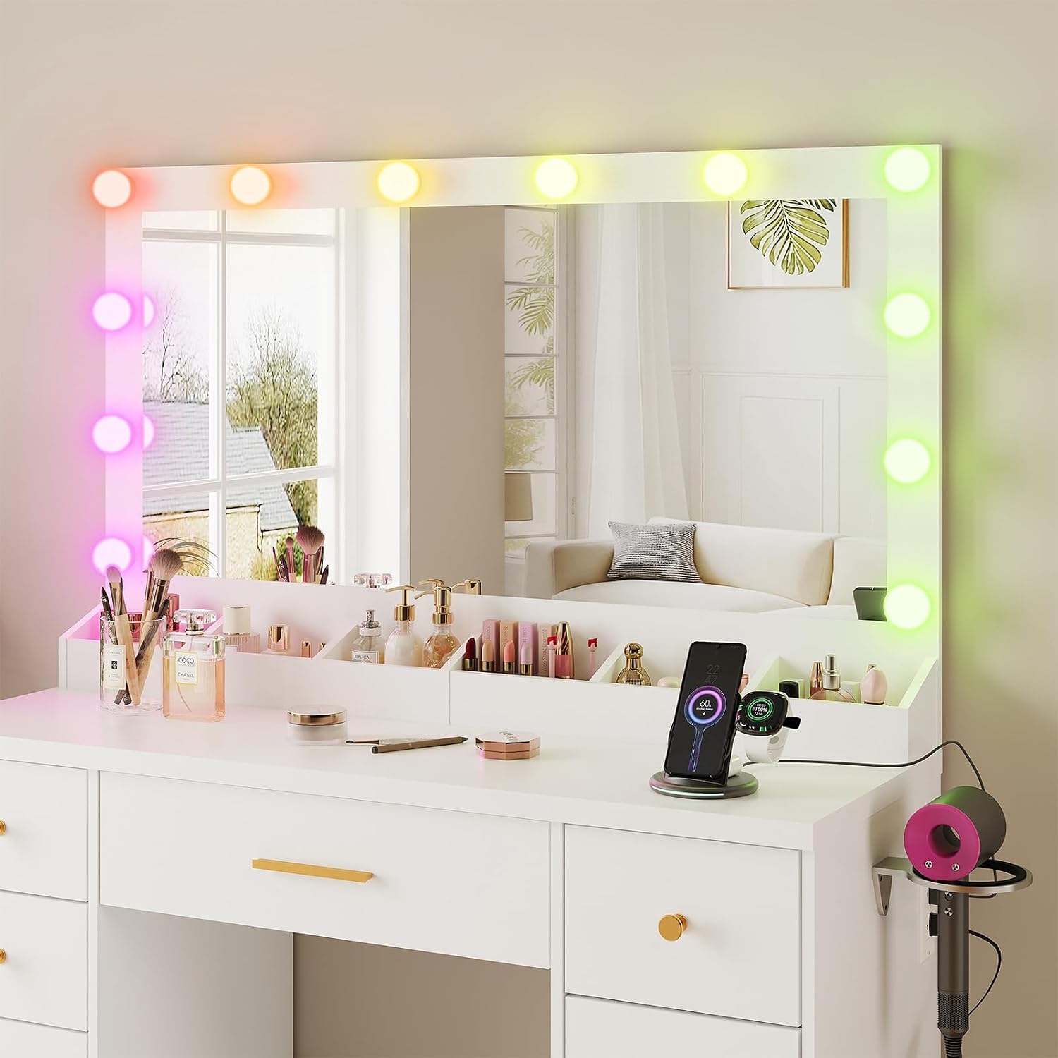 LAKEMID White Vanity Desk with Mirror and Lights, Makeup Vanity Table with Outlet and 8 Drawers,Makeup Table with 20 Color RGB Led Lights,Dressing Table for Bedroom Women