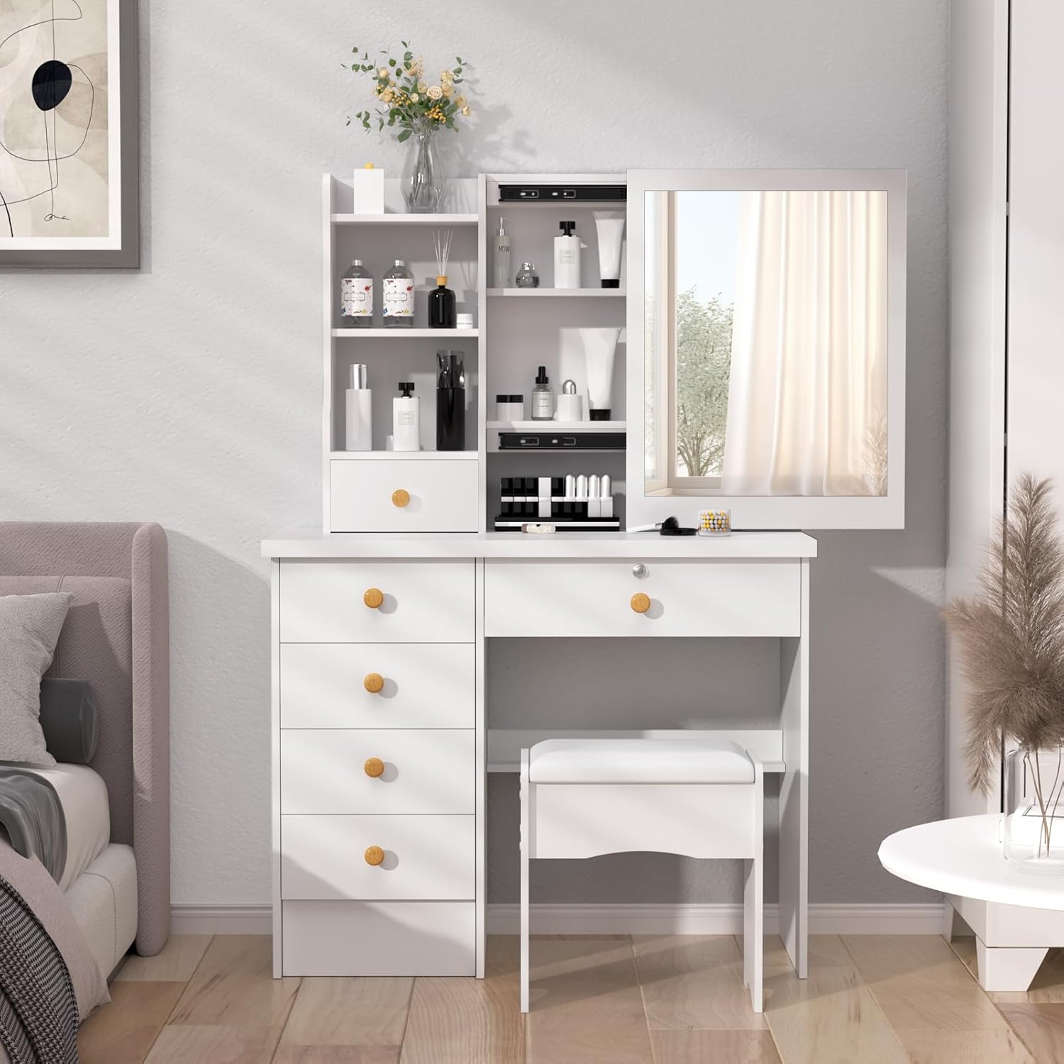 Vanity Desk with Mirror, Teen Girls White Makeup Vanity Table, Dresser with mirror, Bedroom Vanity Set with 6 Spacious Drawers ,Shelves Dressing Desk for Bedroom Dressing Room, Vanity Benches (White)