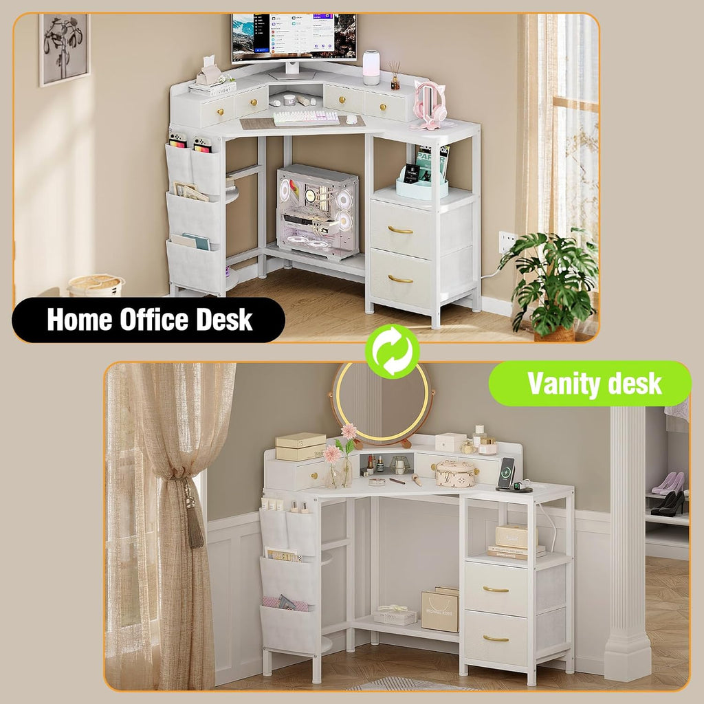 Espelism Corner Vanity Desk with Charging Station, 49.6' Makeup Table with Fabric Drawers & Side Pocket, Space-Saving Dressing Table for Small Space Bedroom Dorm(White)