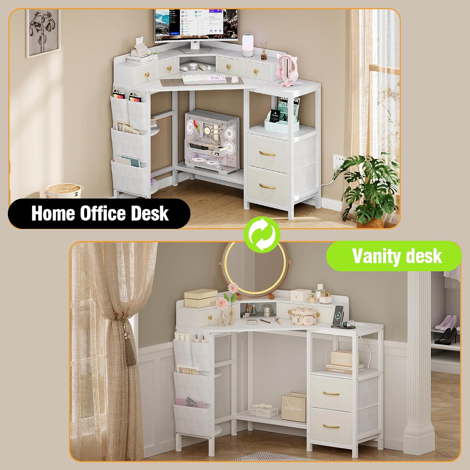 Espelism Corner Vanity Desk with Charging Station, 49.6' Makeup Table with Fabric Drawers & Side Pocket, Space-Saving Dressing Table for Small Space Bedroom Dorm(White)
