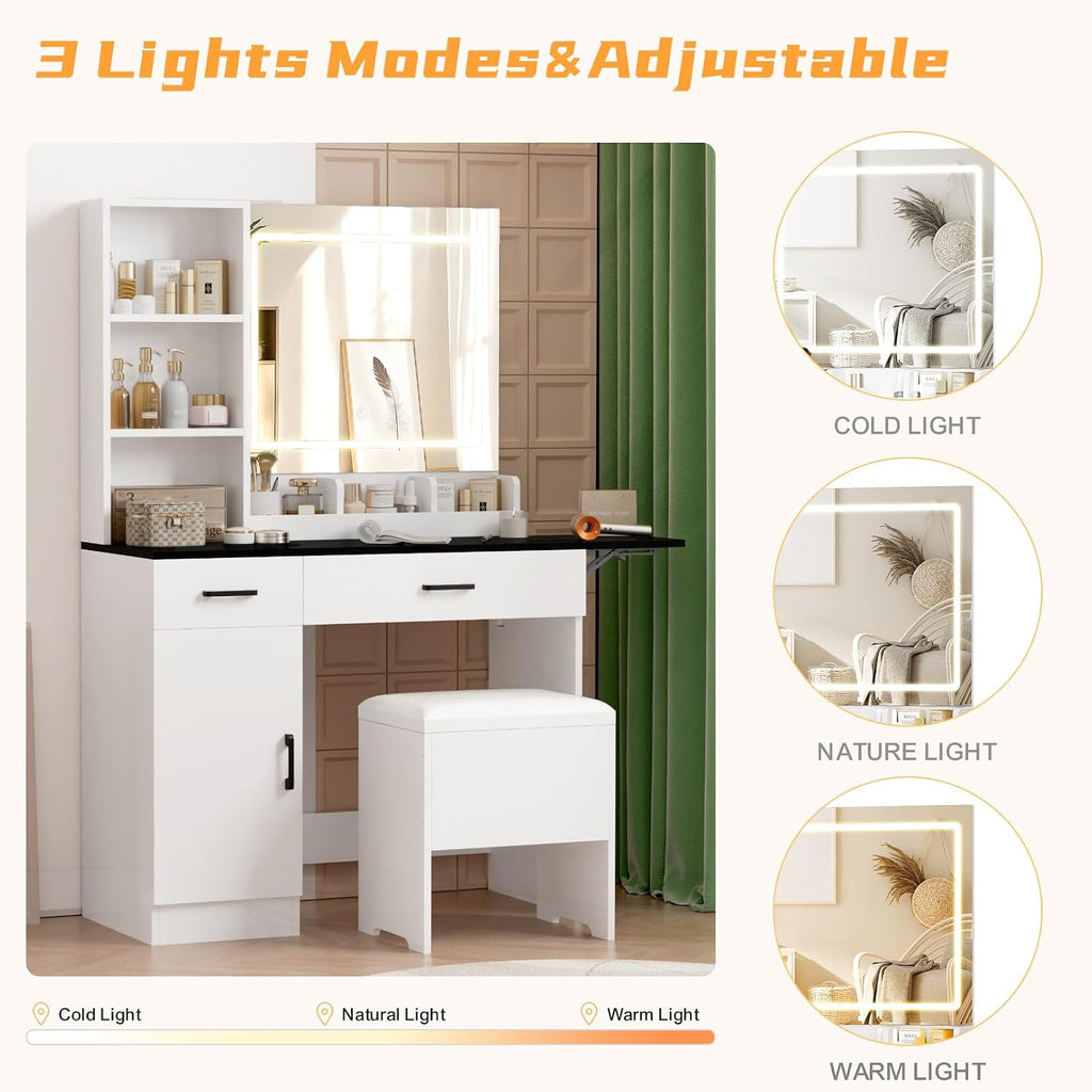 Esmlada Farmhouse Makeup Vanity Desk with Mirror and Lights, Vanity Desk Table Set with Storage Bench, Power Outlet, for Bedroom, Black