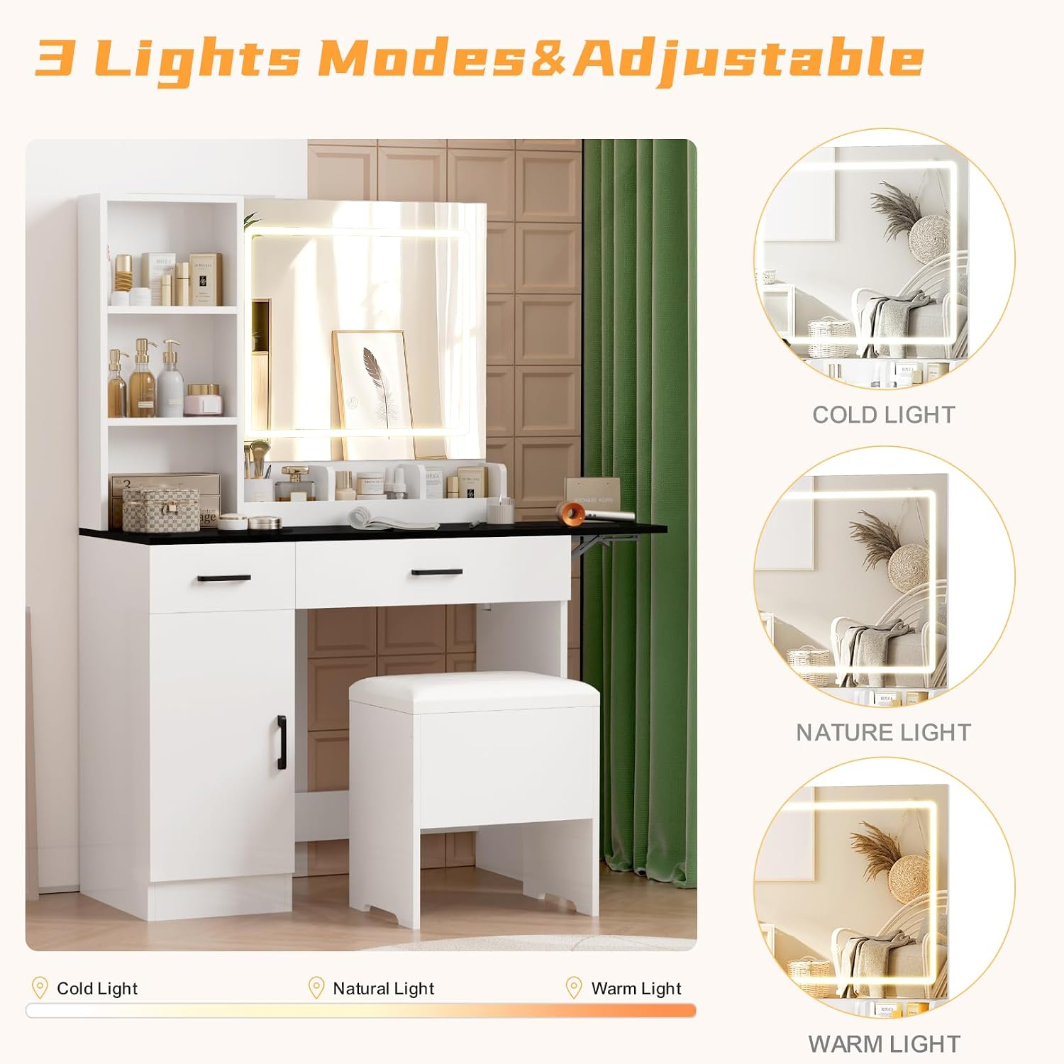 Esmlada Farmhouse Makeup Vanity Desk with Mirror and Lights, Vanity Desk Table Set with Storage Bench, Power Outlet, for Bedroom, Black