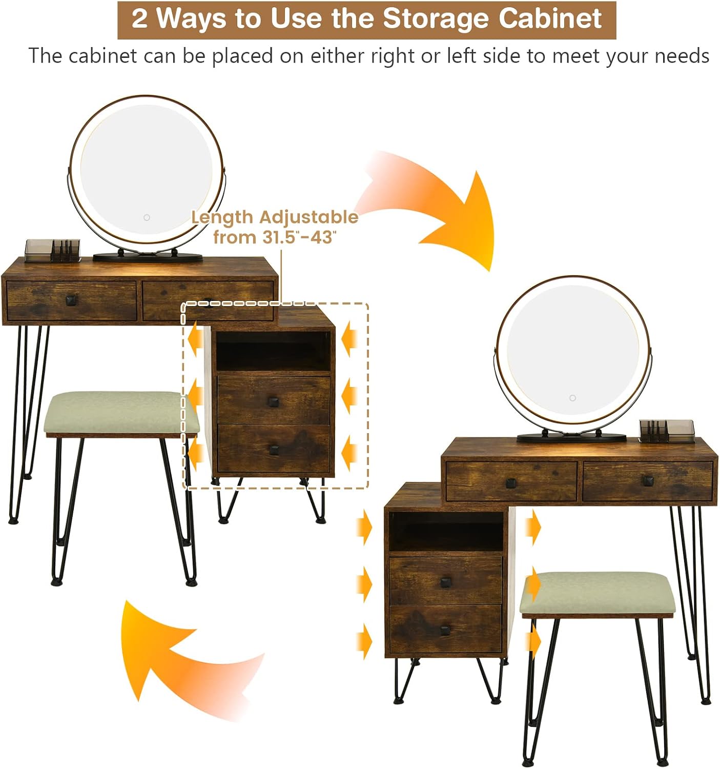 CHARMAID Vanity Desk with Reversible Side Cabinet, Makeup Vanity Table with Lighted Mirror, 3 Color Lights, 4 Drawers, Bedroom Dressing Table with Nightstand and Stool, Rustic Brown