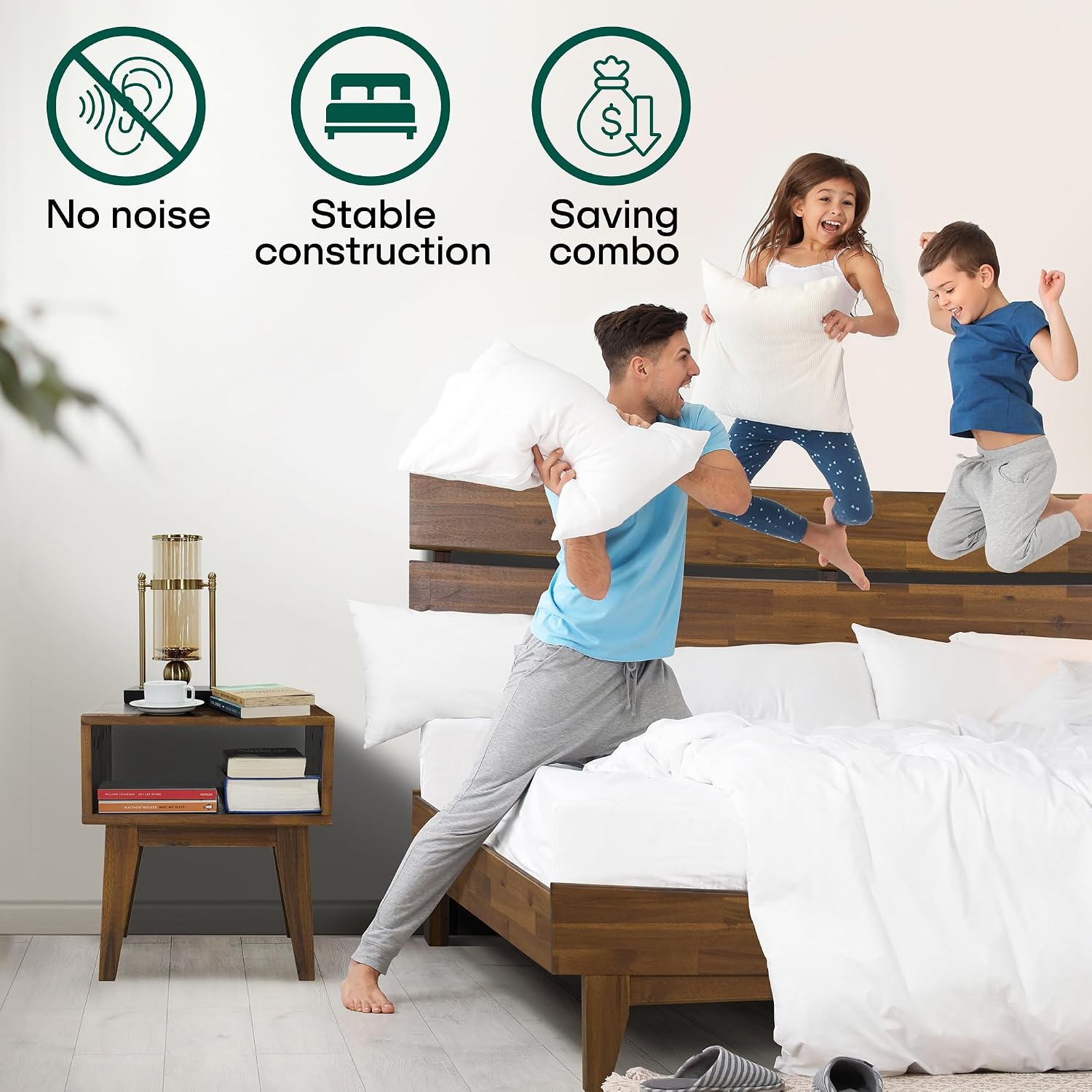 Acacia Aurora King Solid Wood Bed Frame with Headboard – Gift Matching Nightstand Included, Mid-Century Modern Farmhouse, Walnut Finish, 800 lbs Capacity, Sturdy, No Box Spring, Easy Assembly