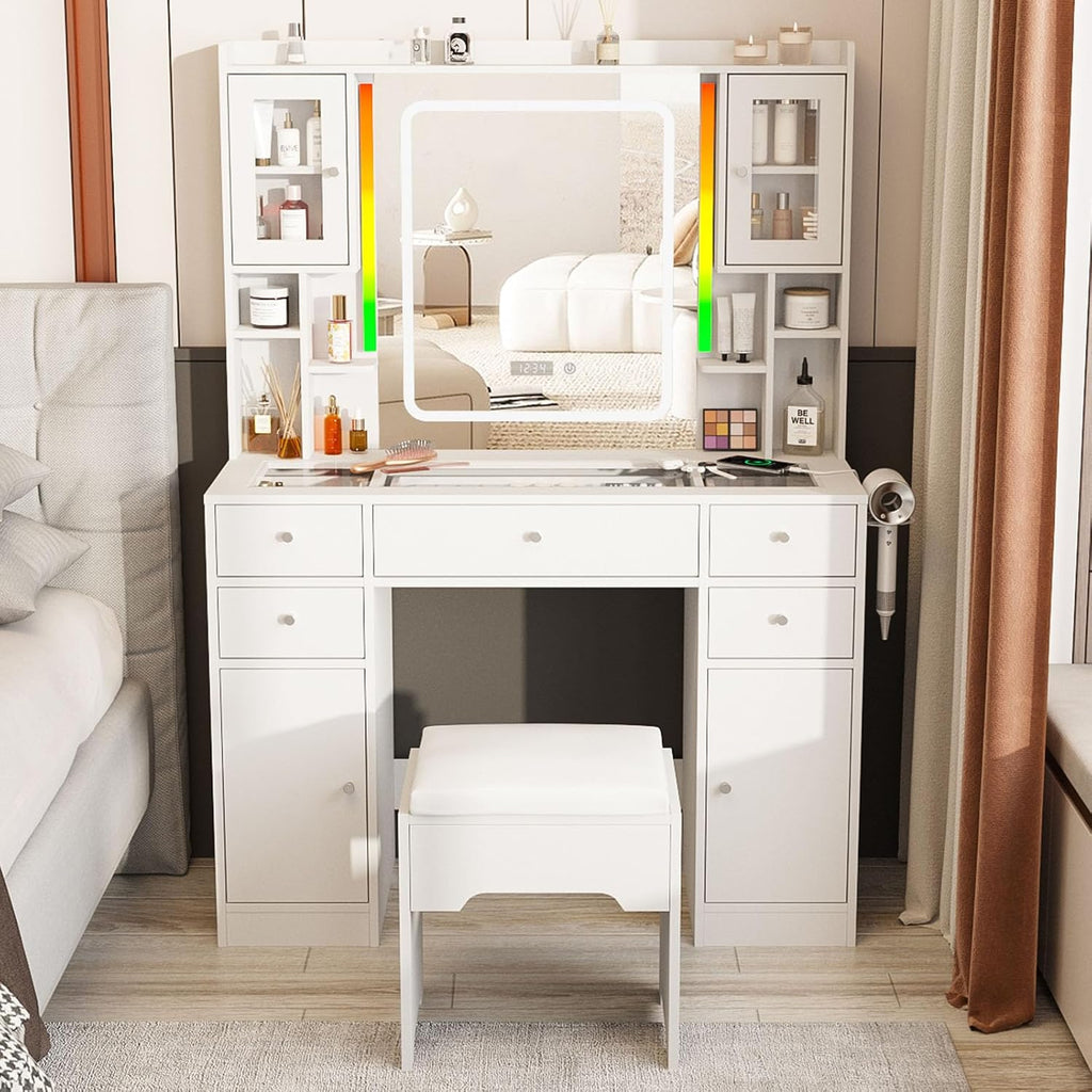 Halitaa White Vanity Desk with LED Mirror,Makeup Vanity with Charging Station & RGB Lights,5 Drawers 4 Shelves Makeup Desk Vanity Table Stool Set with Glass Table Top & Time Display Lights, White