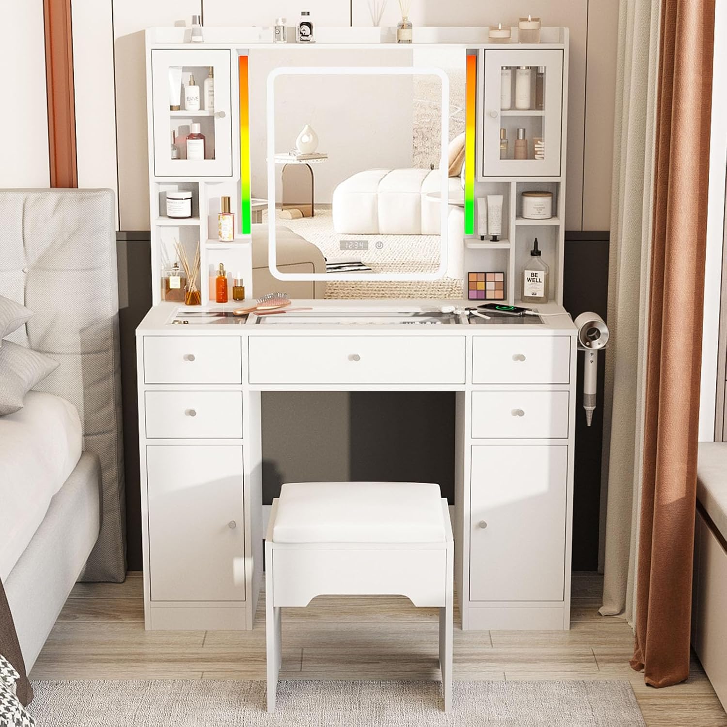 Halitaa White Vanity Desk with LED Mirror,Makeup Vanity with Charging Station & RGB Lights,5 Drawers 4 Shelves Makeup Desk Vanity Table Stool Set with Glass Table Top & Time Display Lights, White