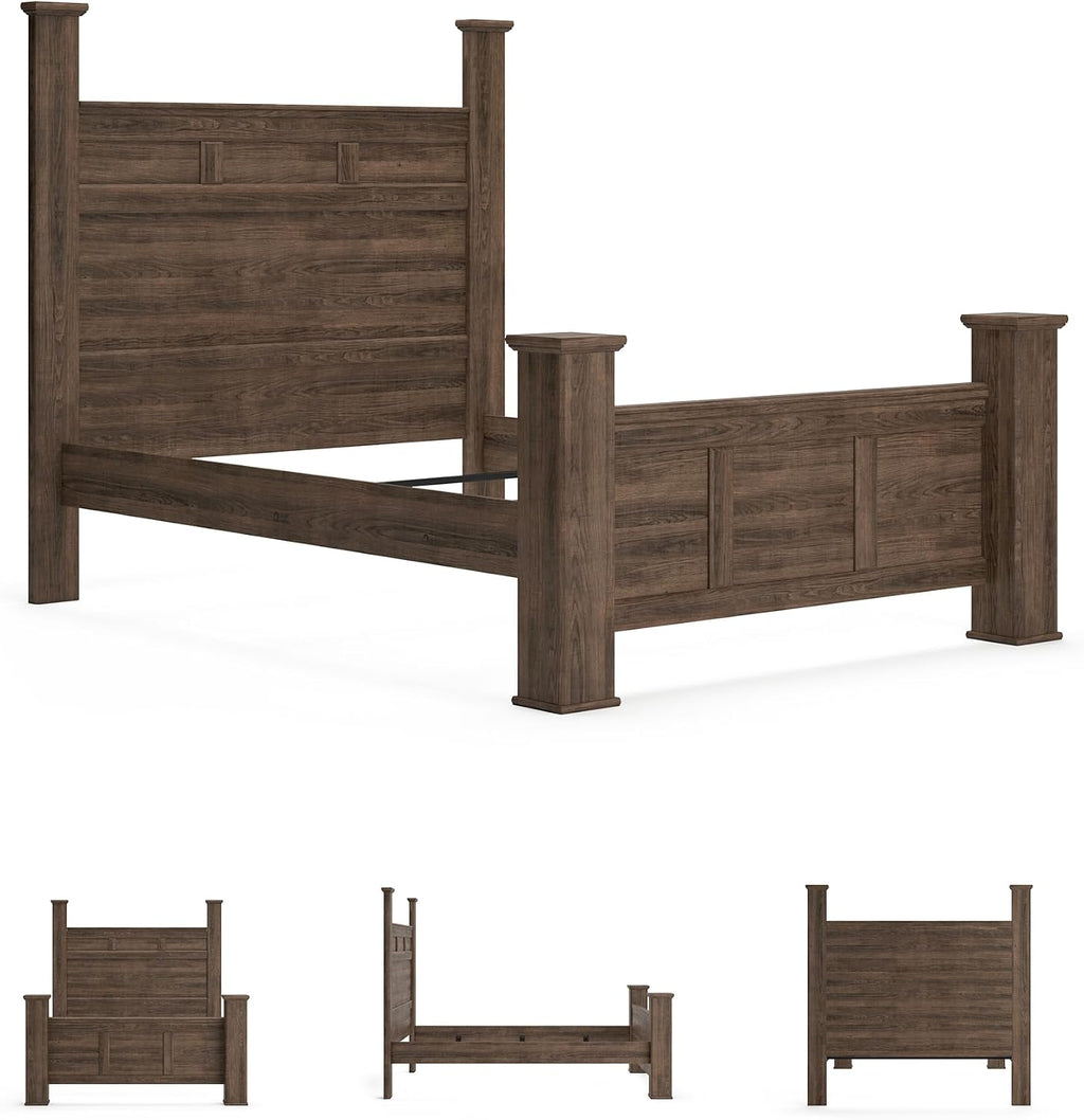Signature Design by Ashley Juararo Casual Queen Poster Bed with Metal Slats, Foundation or Box Spring Needed, Dark Brown