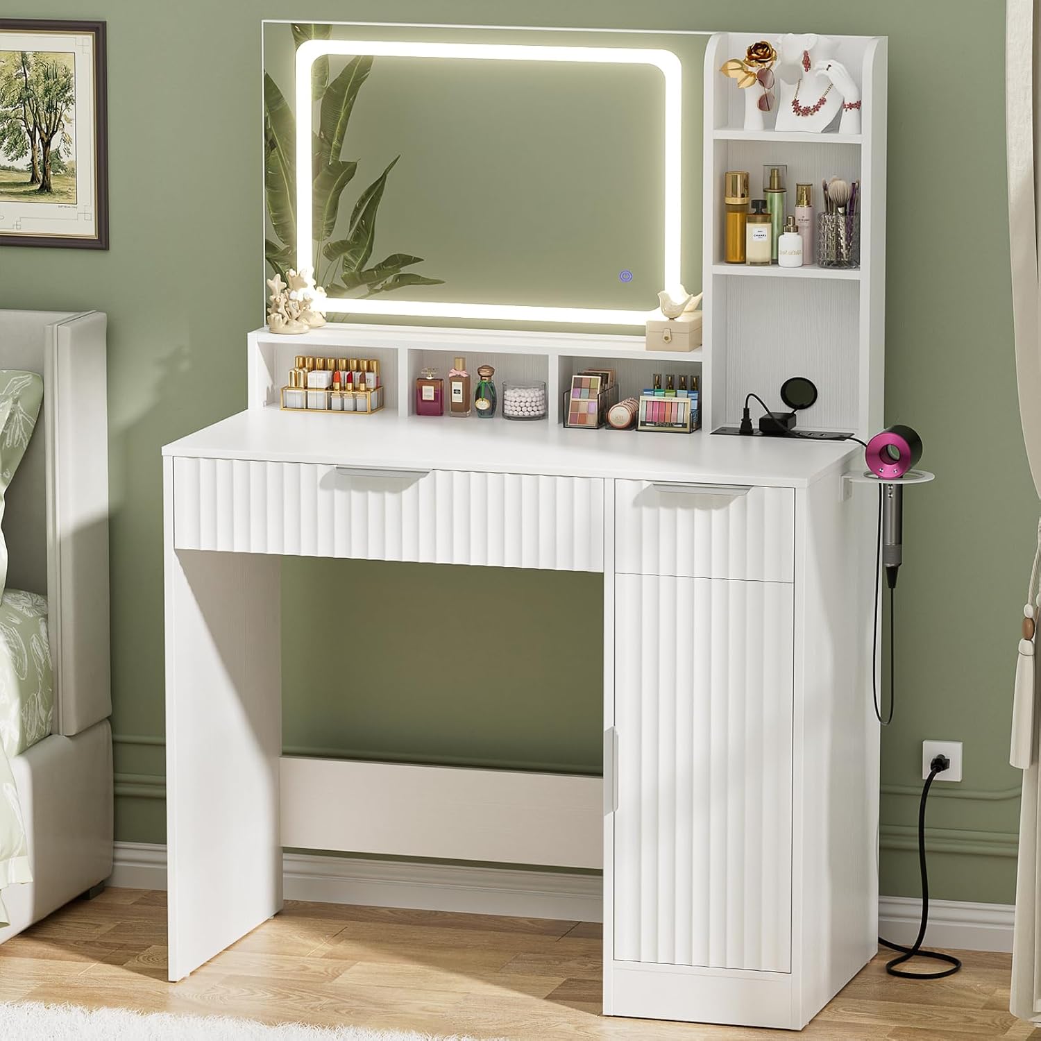 Cyclysio Fluted Vanity Desk with Mirror and Lights, Wood Makeup Vanity Desk with Power Strips, Modern Dressing Table with Drawers & Cabinet for Bedroom, White