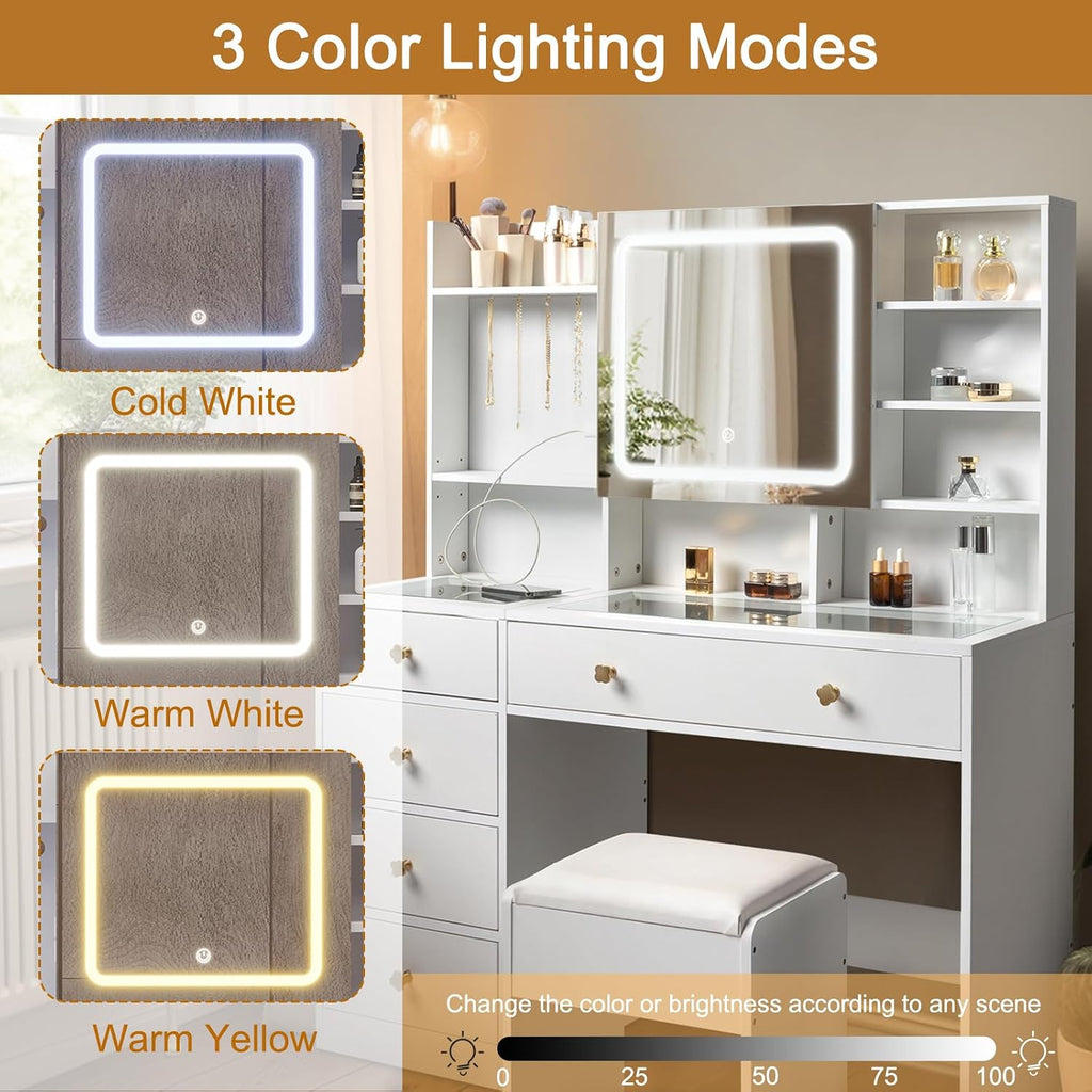 Karl home Makeup Vanity with Lighted Mirror Bedroom Vanity Desk with Charging Station Large Vanity Set with Transparent Desk, Drawers, Cabinet, Shelves for Storage in Bedroom, White
