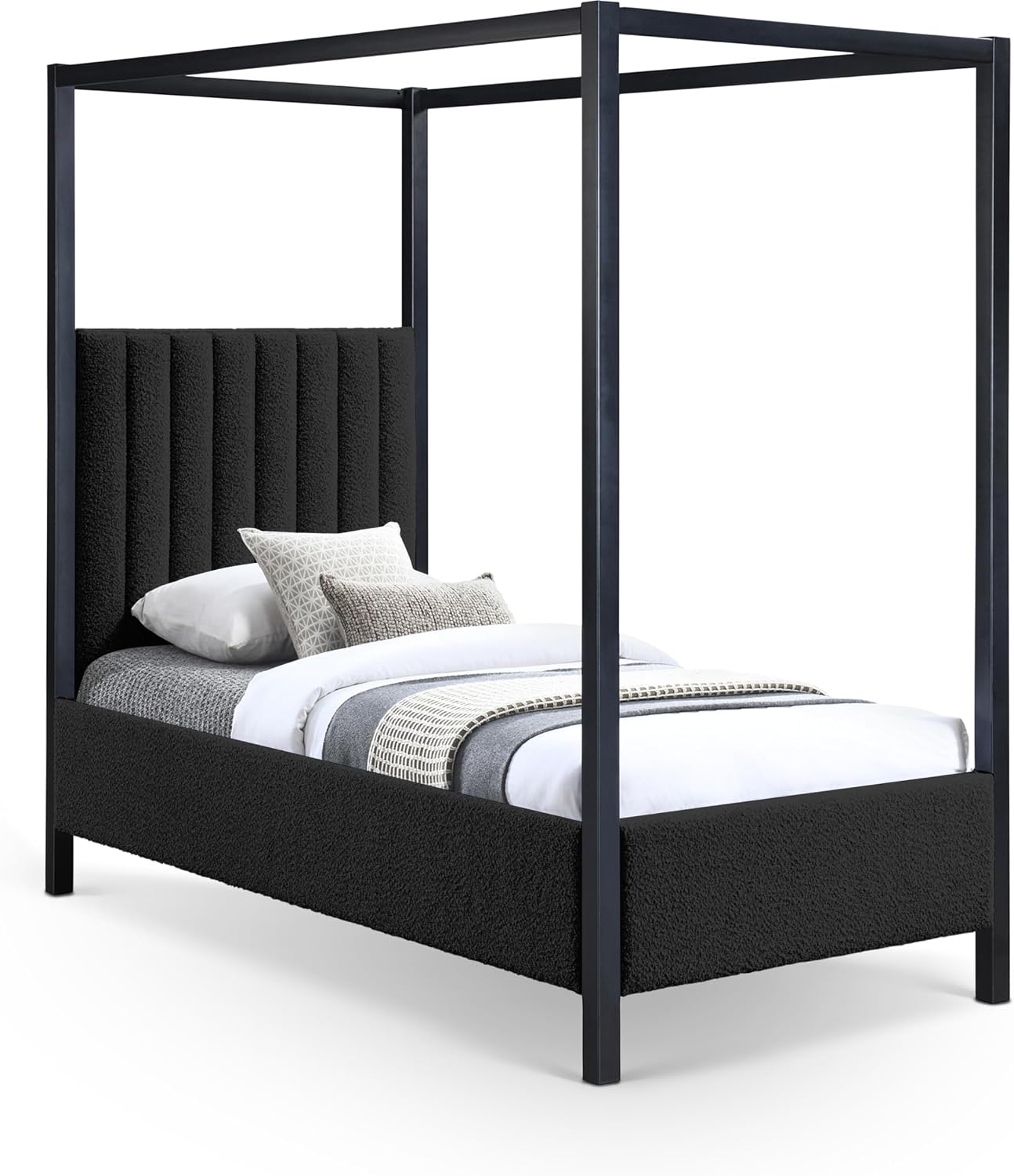 Meridian Furniture KellyBlack-T Kelly Collection Modern | Contemporary Twin Bed with Rich Black Boucle Fabric, Matte Black Iron Metal Frame Canopy, 41' W x 80' D x 77' H, Black, Twin