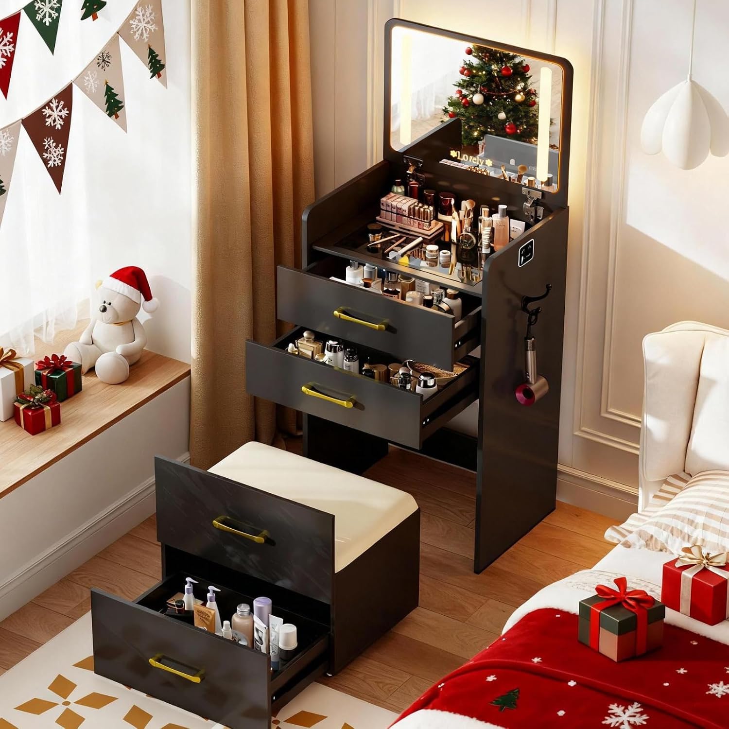 3 in 1 Vanity Desk with Flip up Mirror and Lights, Glass Top Makeup Vanity Table with Charging Station,LED Compact Dressing Table with 3 Drawer and Wheel Storage Stool for Bedroom(Black)