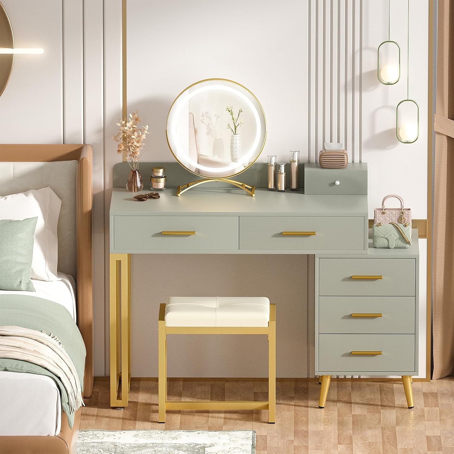 Armocity Vanity Desk with Mirror and Lights, Modern Makeup Vanity Table Set with 6 Storage Drawers and Cushioned Stool for Bedroom, Dressing Table with Divided Organizers for Women Girls, Cyan
