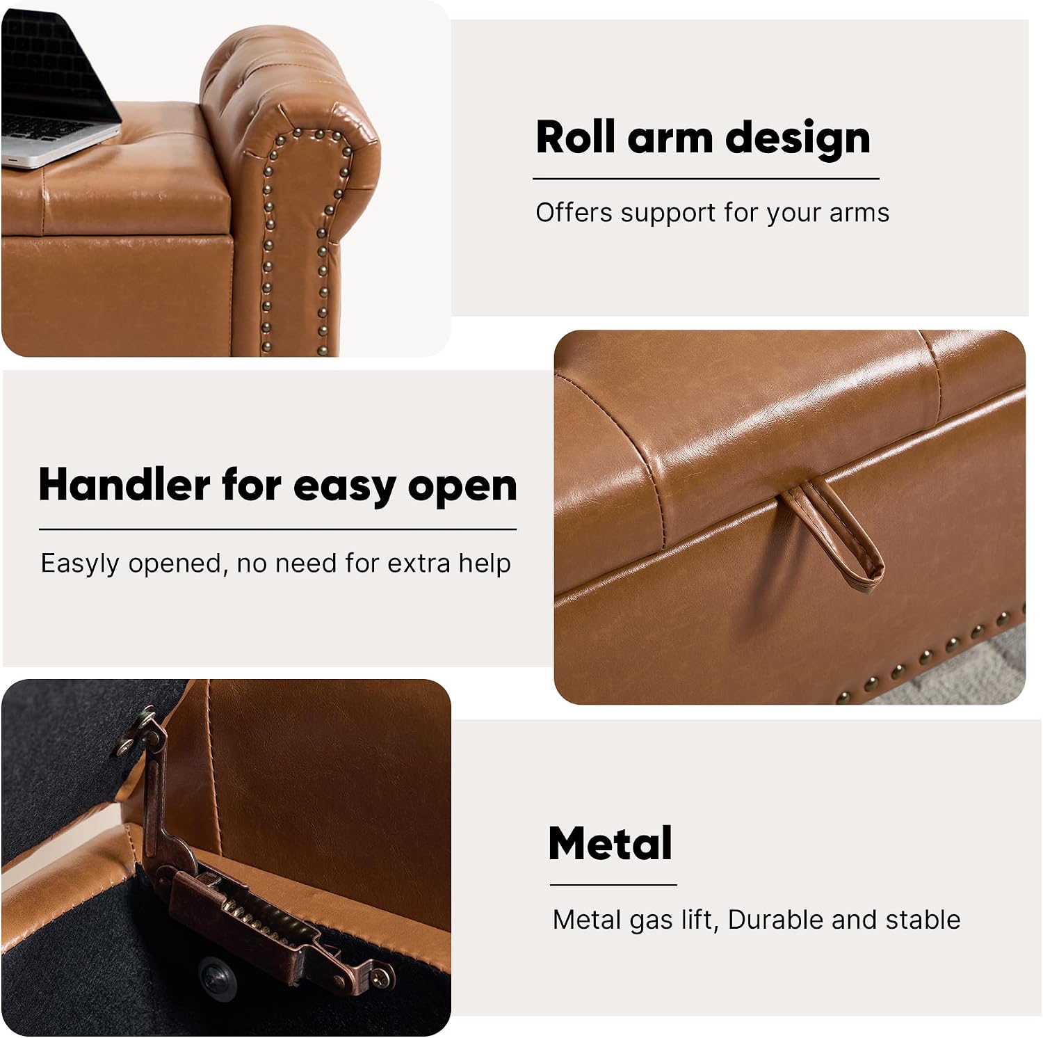 Storage Bench for Bedroom, 51' Upholstered End of Bed Bench, Faux Leather Queen Size Benches with Rolled Arms, Tufted Button Storage Long Ottoman, Living Room, Entryway, Brown