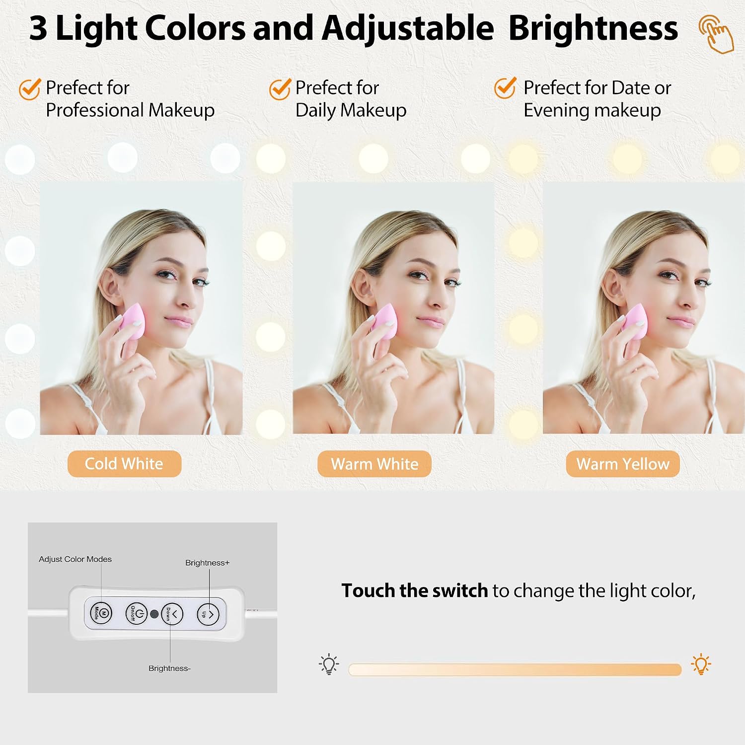 ANWBROAD Makeup Vanity Desk Vanity Set with 10 LED Bulbs Lighted Mirror Makeup Vanity Table Set with Charging Station Nightstand 3 Colors Modes Dimming Cushioned Stool Large Mirror White UBDT53W