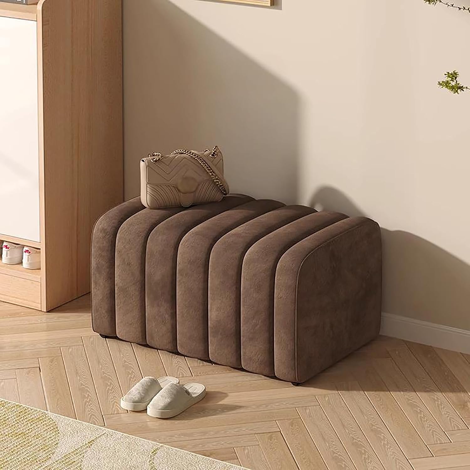 Velvet End of Bed Bench, Toast Entrance Shoe Bench, Solid Wood Vanity Stool Soft Foot Rest for Bedroom Living Room Corridor Entrance Dressing Room Store(60x40x40cm, Brown)