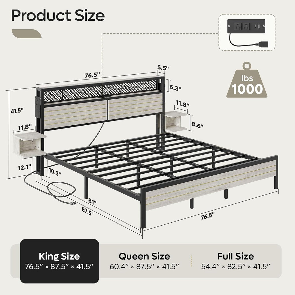 Bestier King Bed Frame with Horizontal Golden Stripe Storage Headboard&LED Nightstands, Metal Platform Bed with Charging Station, Heavy Duty Metal Slats, No Box Spring Needed, Noise Free(Grey Oak)