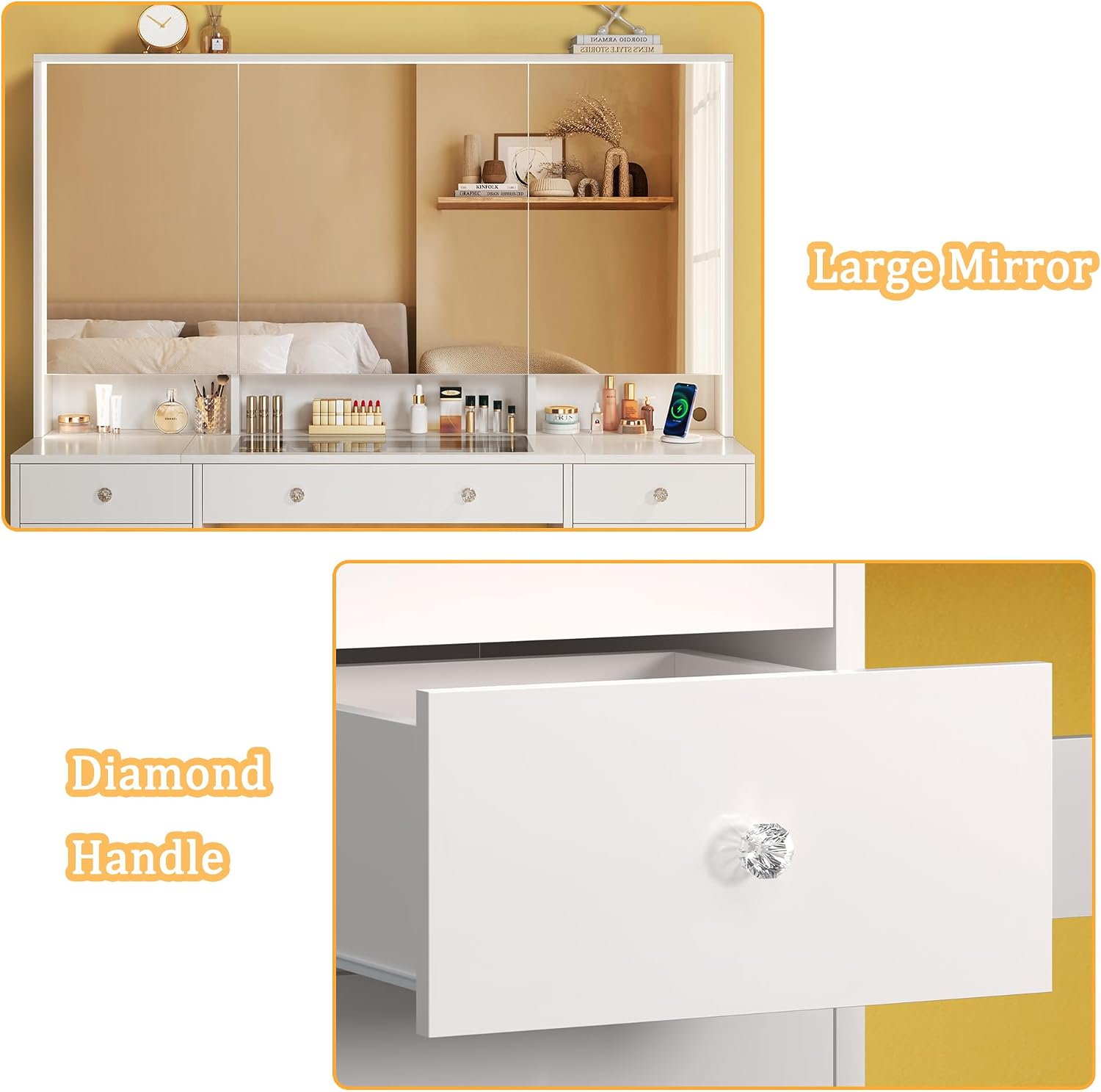 HUAHUU Vanity Desk with Mirror and Lights, 50' Makeup Vanity with Glass Top & Power Outlet, White Vanity with 11 Drawers & 8 Hidden Storage Shelves, 3 LED Lighting Modes Adjustable for Bedroom