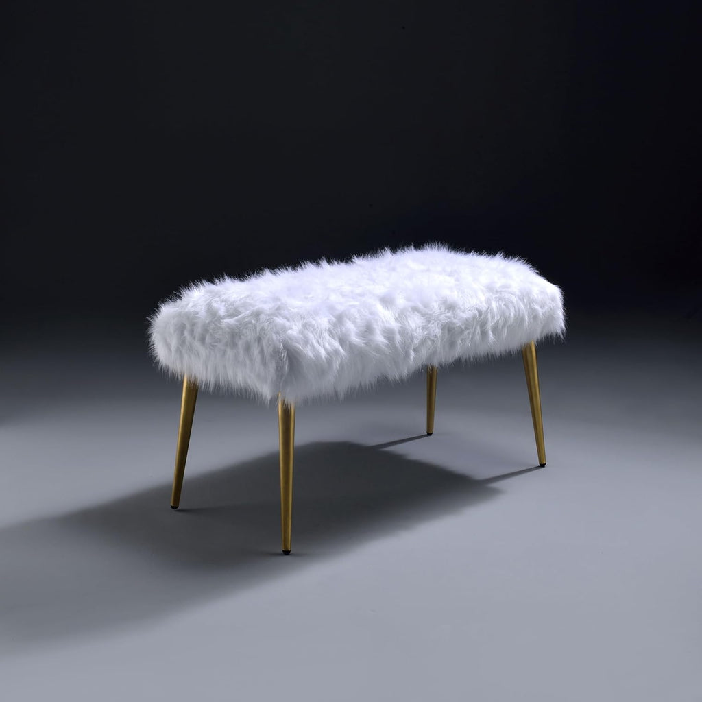 White and Gold Bench with Faux Fur Seat, 38.5-Inch Glam Entryway Bench with Straight Gold Legs, Cozy Upholstered Vanity Bench for Bedroom Living Room Hallway
