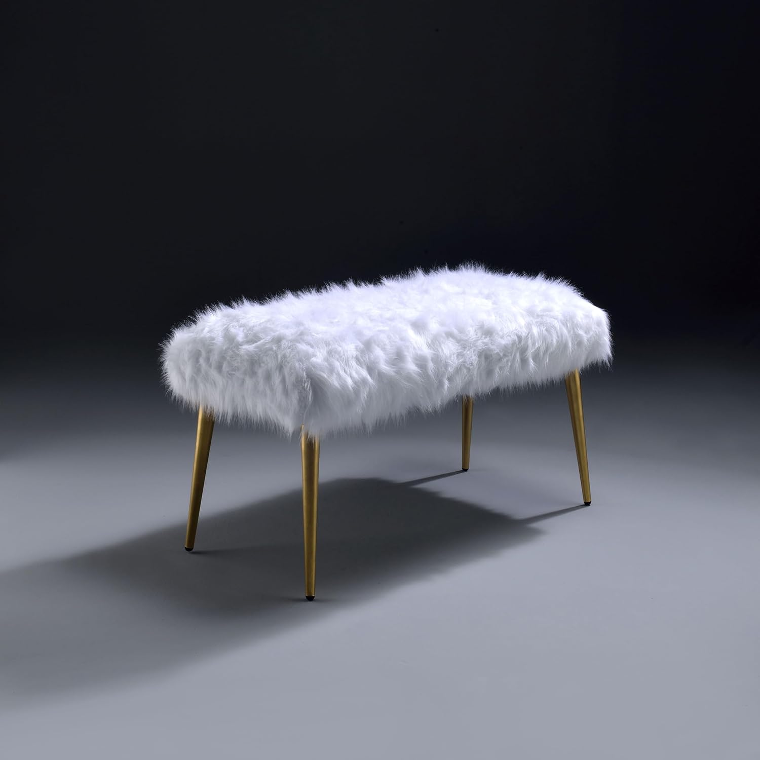 White and Gold Bench with Faux Fur Seat, 38.5-Inch Glam Entryway Bench with Straight Gold Legs, Cozy Upholstered Vanity Bench for Bedroom Living Room Hallway