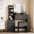 Vanity Desk With Mirror and LED Lights, 36-Inch Makeup Vanity Desk, Power Outlet, USB Ports, Stool, 3 Color Adjustable Light, Dressing Table With 4 Drawers, Storage Shelves for Bedroom, Women, Black
