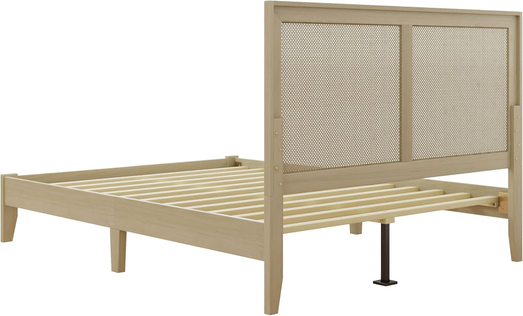 Christopher Knight Home Eudoca Natural Farmhouse Wooden Queen Bed Frame with Woven Rattan Headboard, Rubberwood Platform Bed Frame Queen Size, Rectangular Queen Size Bed Frame, No Box Spring Needed