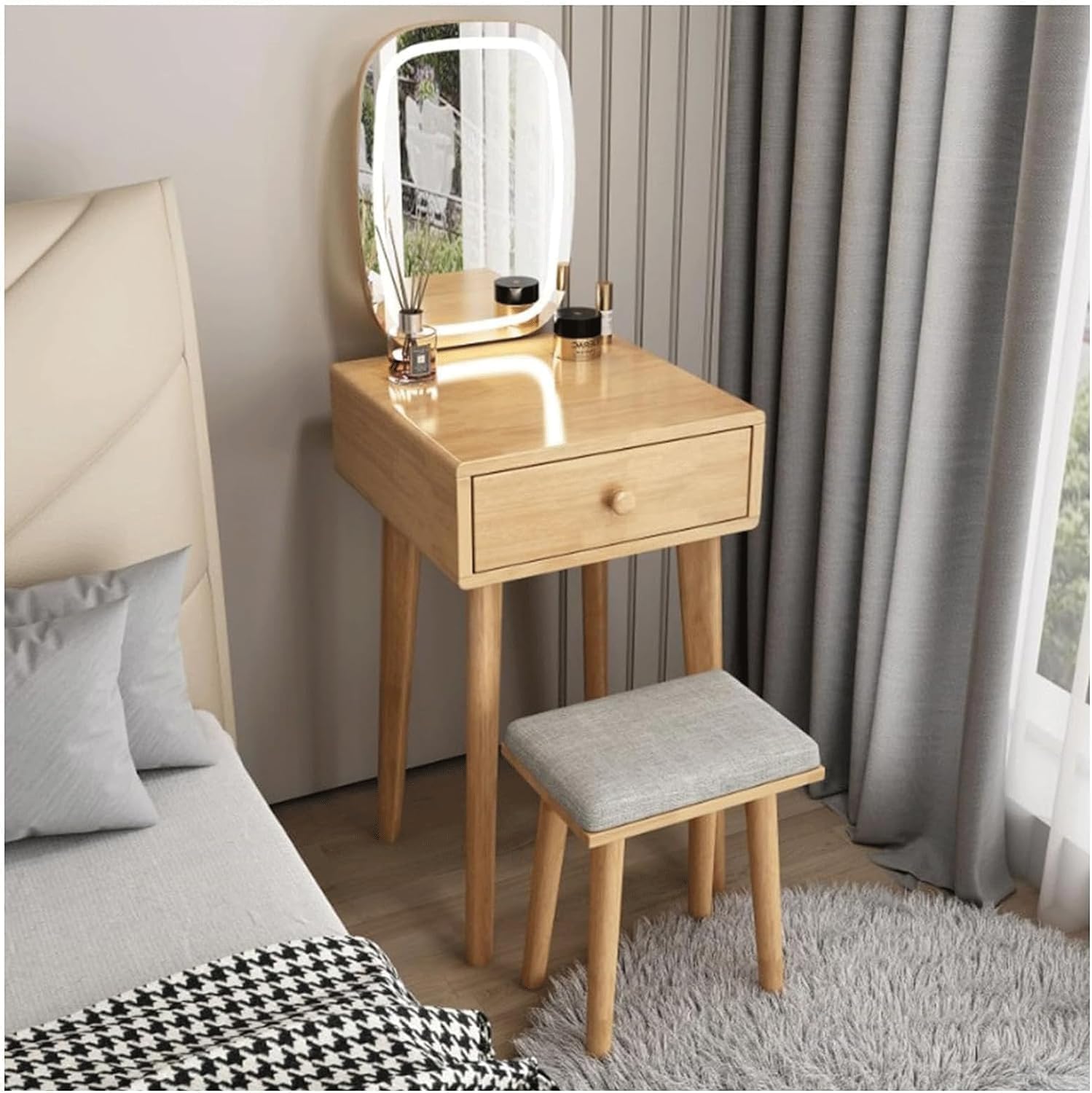 Rieort Vanity Desk Nordic Vanity Benches with Drawers and Led Lighted Mirror Vanity Table Set Cushioned Stool Elegante Makeup Table