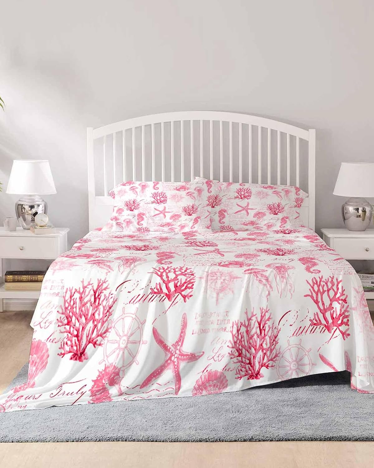 Pink Ocean Coastal Cal King Sheet Set 4 Piece Bedding - Nautical Starfish Jellyfish Coral Breathable Comfy Cooling Bed Sheets & Pillowcase Sets,Hotel Luxury Flat Sheets Deep Pockets Fitted Sheet