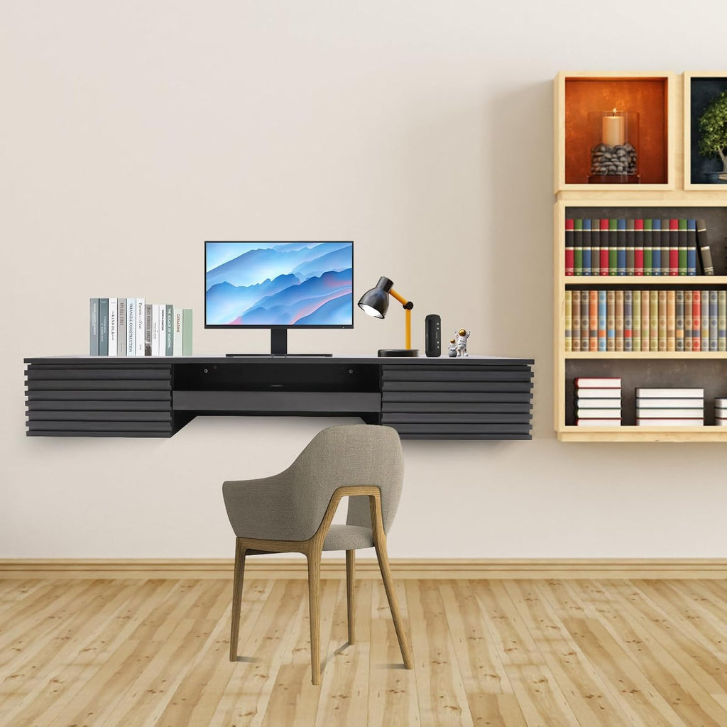 Wall Mounted Desk, Floating Work Table, Small Spaces Hanging Workbench with Pull-out 2 Drawers, Mount Computer Laptop Desks, Wall-mounted Corner Book Shelf for Bedroom Student Dormitories (Black)