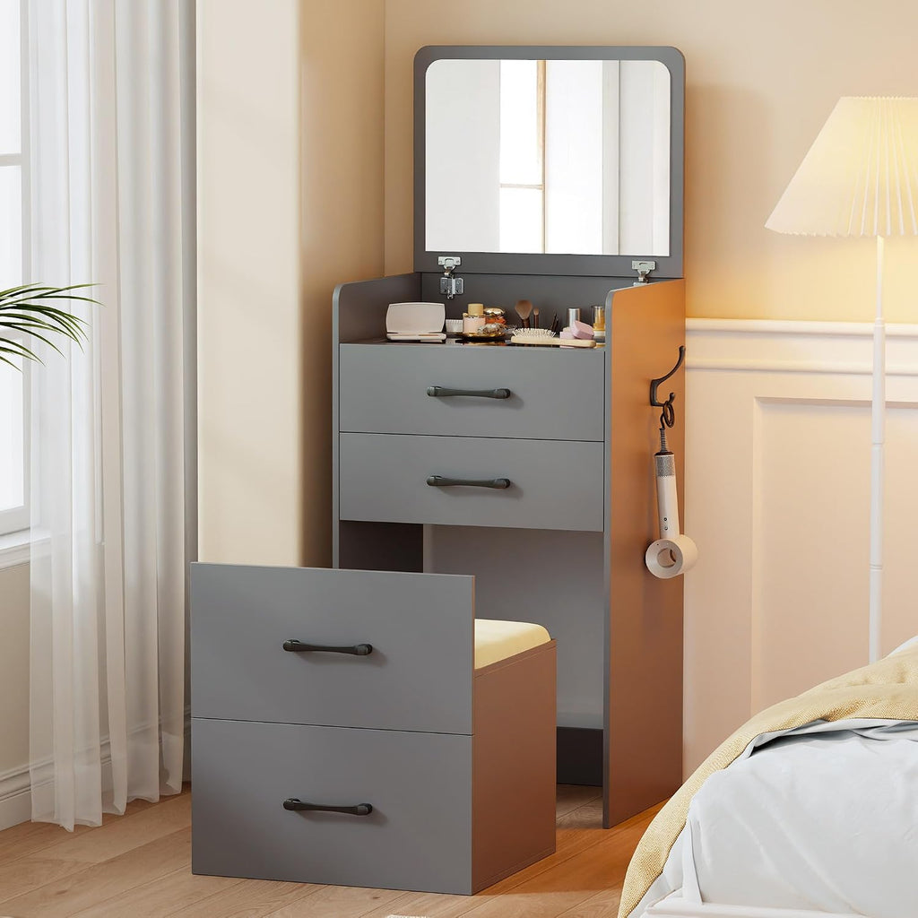 3 in 1 Make Vanity Desk with Flip Top Mirror,Glass Top Makeup Vanity Table with Cushioned Stool,Small Dressing Table with 3 Drawers,Compact Vanity Set for Apartment,Dormitory(Grey)