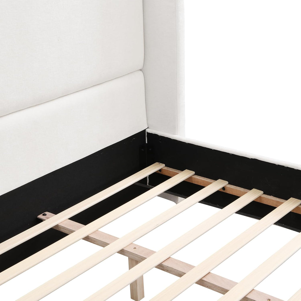 King Size Upholstered Bed Frame with Tall Headboard, Elegant White Fabric Platform Bed, Sturdy Wood Slats Support, No Box Spring Needed, Modern Bedroom, King, White