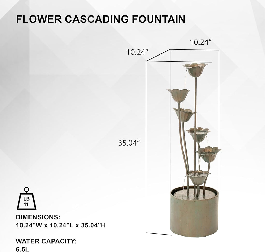XBrand 35' Tall Silver Metal Sculptural Flower Multi-Tier Freestanding Water Fountain for Indoor & Outdoor Use, Decorative Garden Patio Backyard Water Feature