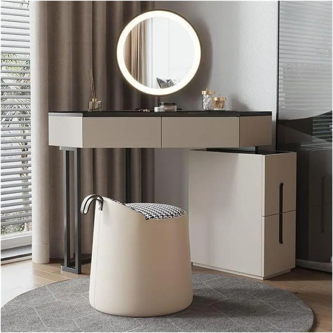 Makeup Vanity Desk Corner Desk Space Saving with Storage Cabinets and Circular Mirrors, Easy Assembly Triangle Vanity with Glass Desktop Writing for Small