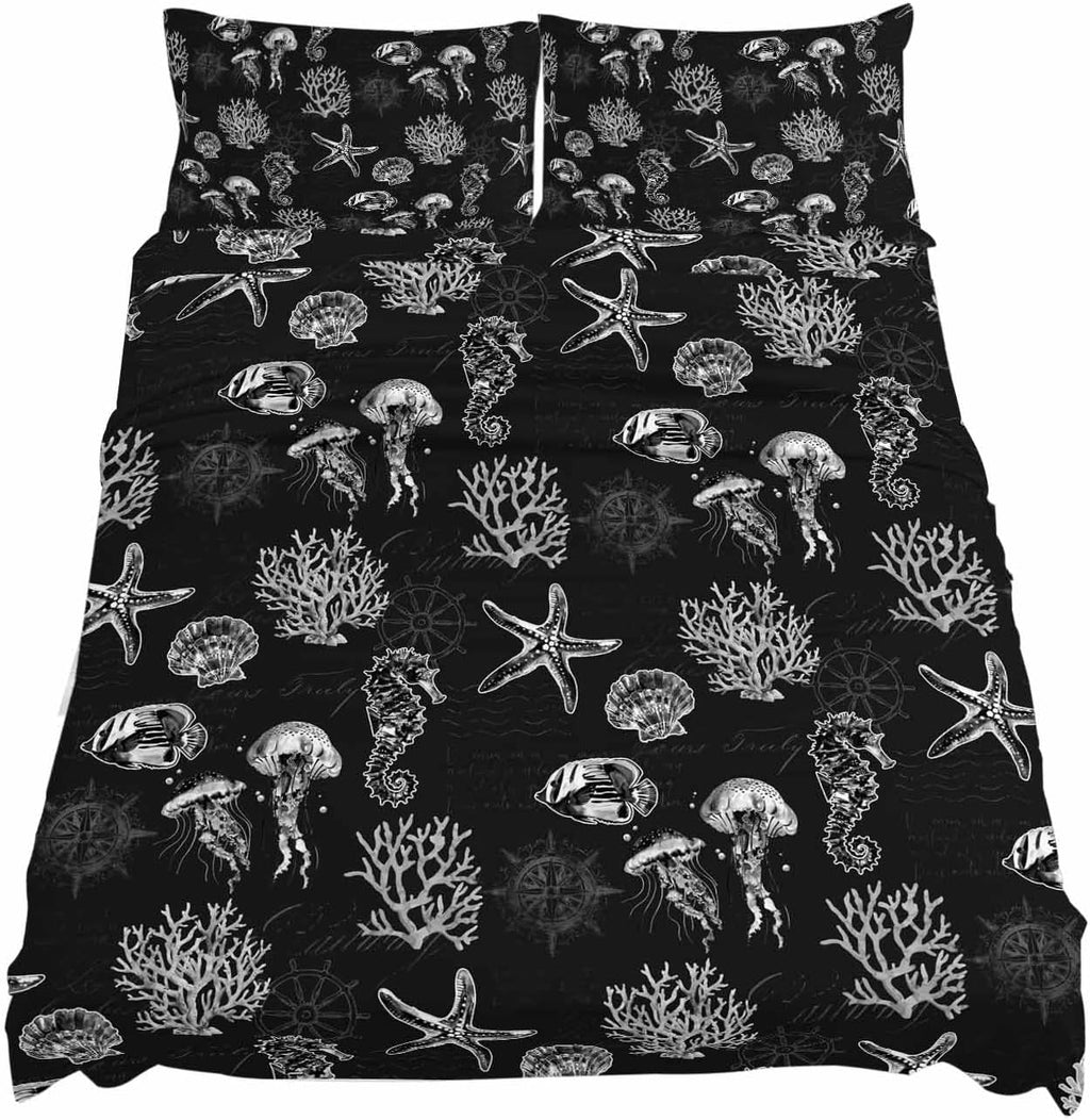 Black Coastal Cal King Sheet Set 4 Piece Bedding - Nautical Starfish Jellyfish Seahorse Breathable Comfy Cooling Bed Sheets & Pillowcase Sets,Hotel Luxury Flat Sheets Deep Pockets Fitted Sheet