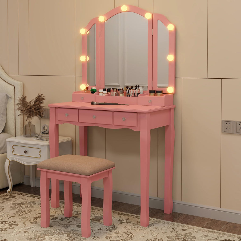 Pink Vanity Desk With Mirror And Lights For Girls Makeup Vanity Desk With Chair Vanity Table And Stool Set With 5 Storage Drawers 3 Colors Lighting Modes Tri Fold Vanity Mirror Lighted Vanity
