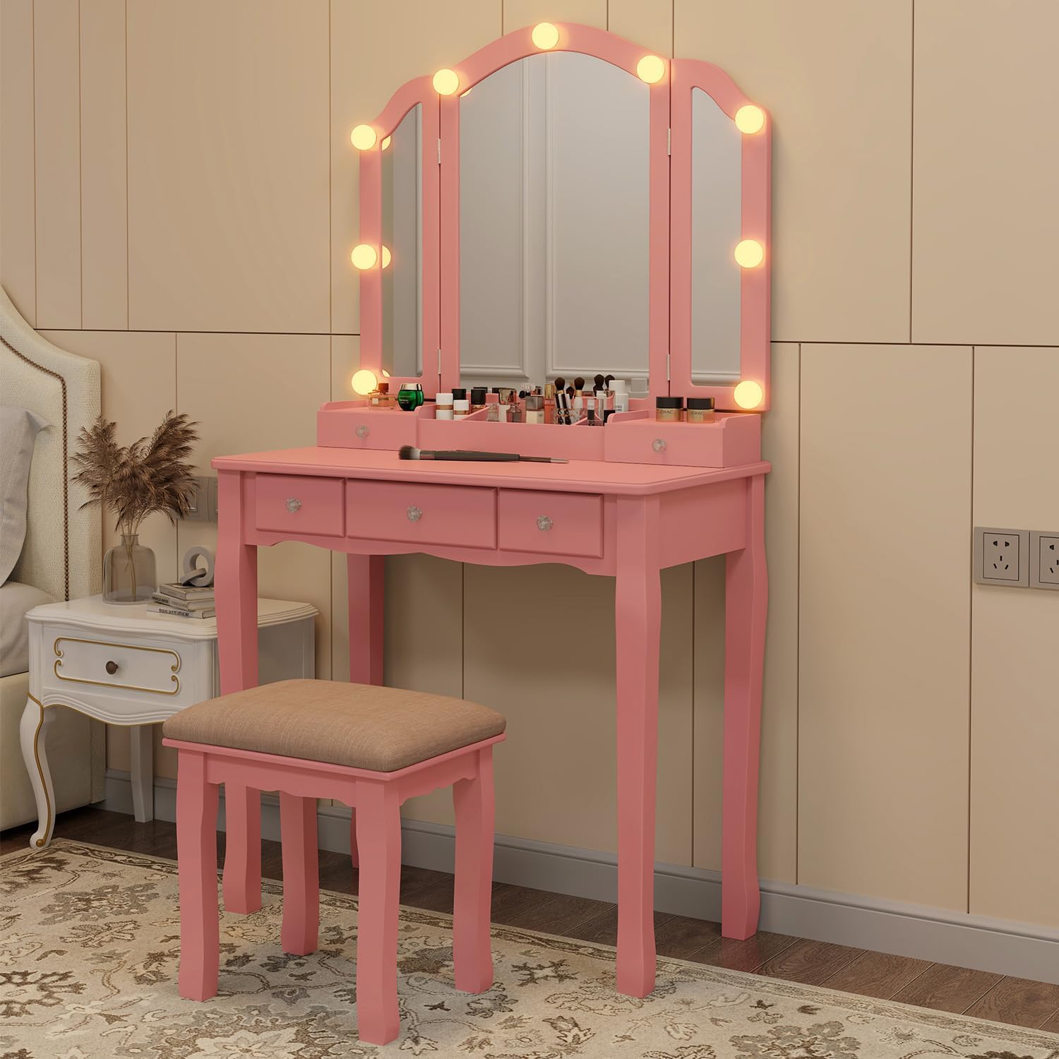 Pink Vanity Desk With Mirror And Lights For Girls Makeup Vanity Desk With Chair Vanity Table And Stool Set With 5 Storage Drawers 3 Colors Lighting Modes Tri Fold Vanity Mirror Lighted Vanity