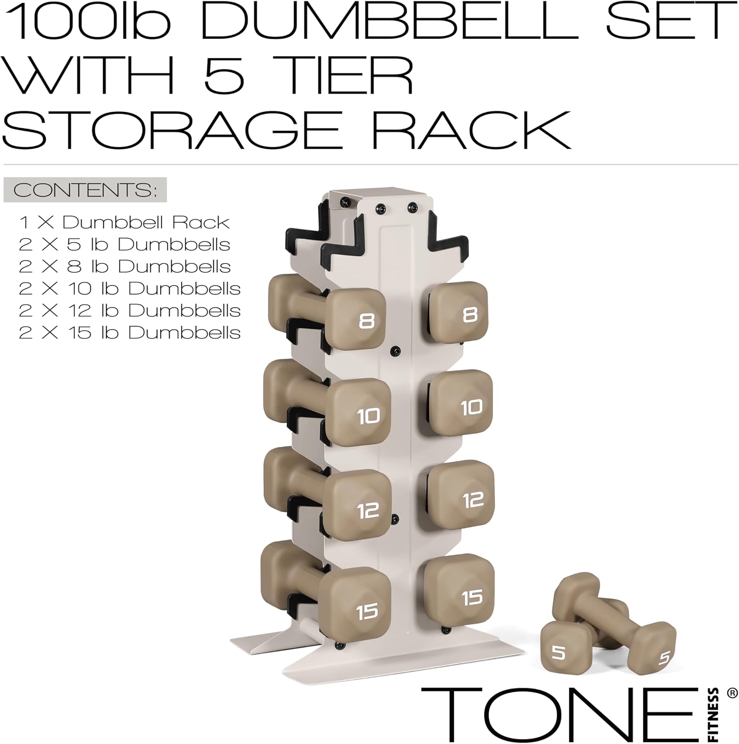 Tone Fitness Neoprene Dumbbell Set with Storage Rack – Non-Slip, Anti-Roll Hand Weights for Home Gym Workouts | 20 lb, 32 lb, 50 lb, 60 lb & 100 lb Options