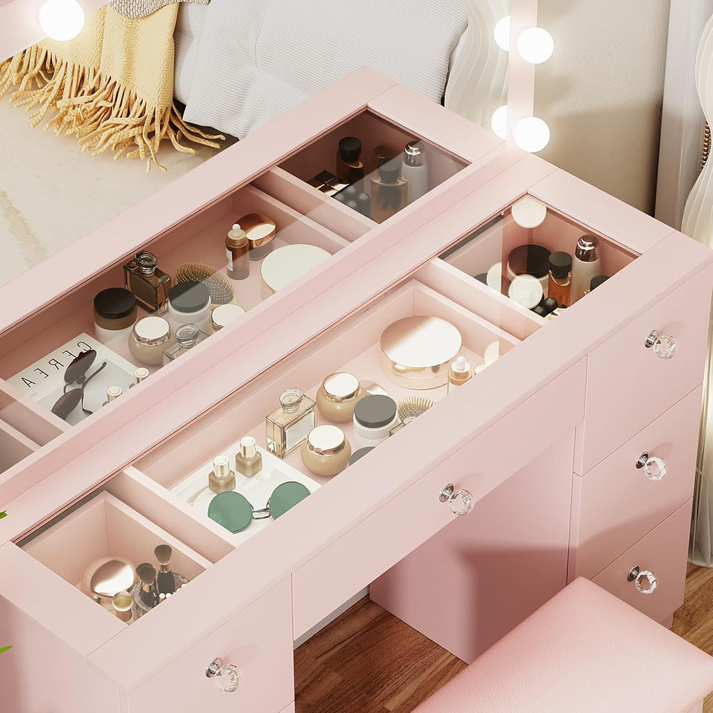 VOWNER Vanity with Lighted Mirror - Glass Top Makeup Vanity Desk with 7 Drawers and Power Outlet, 3 Color Lighting Modes Adjustable Brightness, 44' Vanity Table with Stool for Women Girls, Pink
