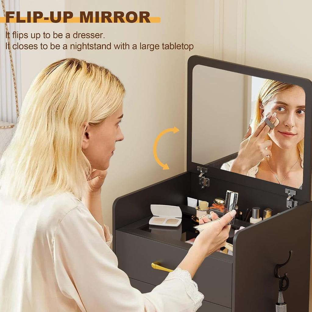 Lvifur Small 3-in-1 Vanity Desk with Mirror, Compact Makeup Table w/Cushioned Stool, Modern Dressing Table Vanity Set for Apartment, Loft, Dormitory (Black)