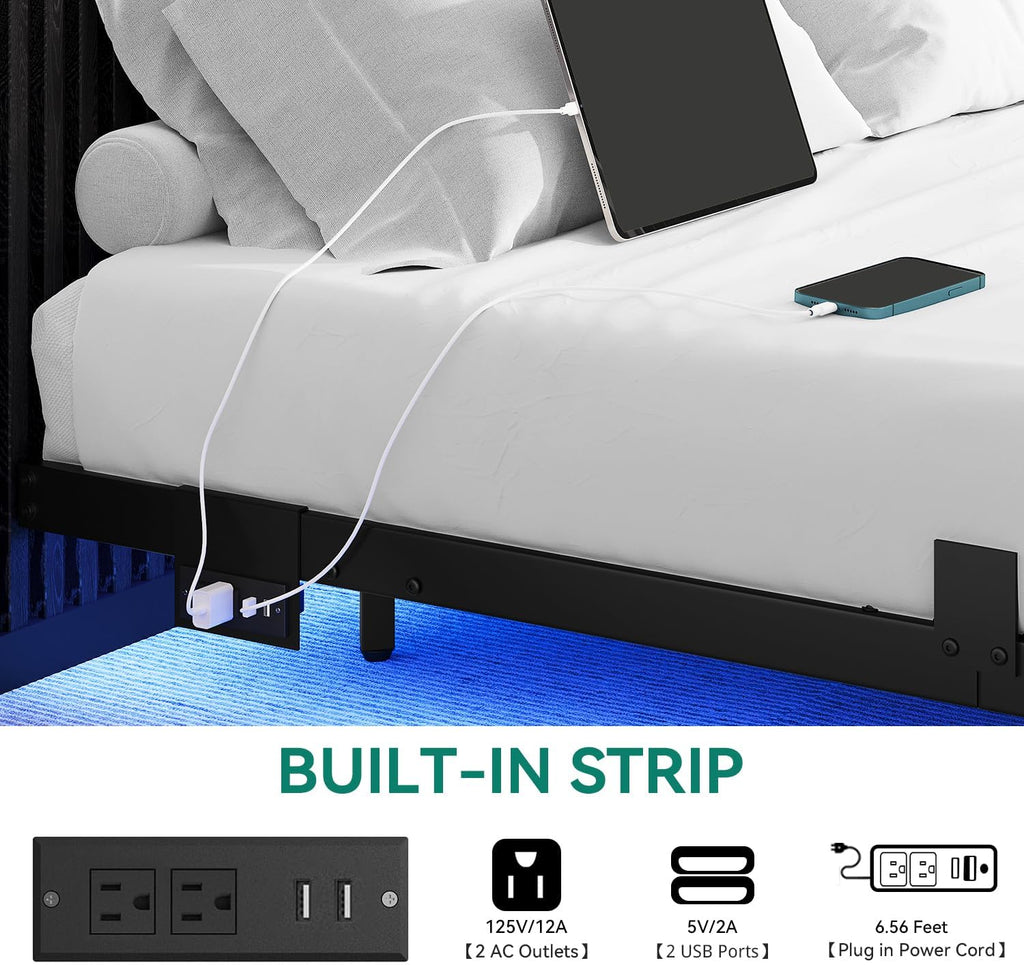 YITAHOME Floating Bed Frame King Size,Floating Bed with LED Lights & Charging Station, Metal Platform Bed Frame with Heavy Duty Steel Slats, No Box Spring Needed, Black